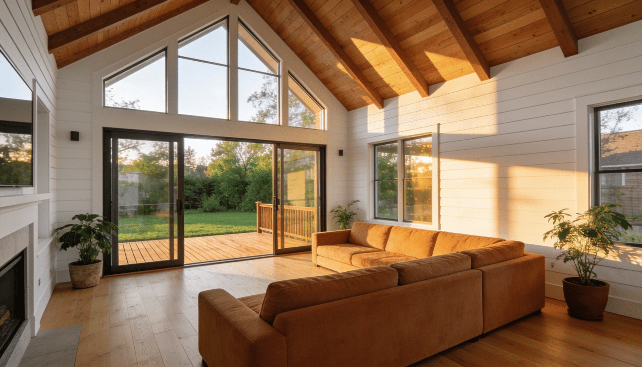 bright family room addition with vaulted wood ceiling, large windows, sliding glass doors, and backyard views