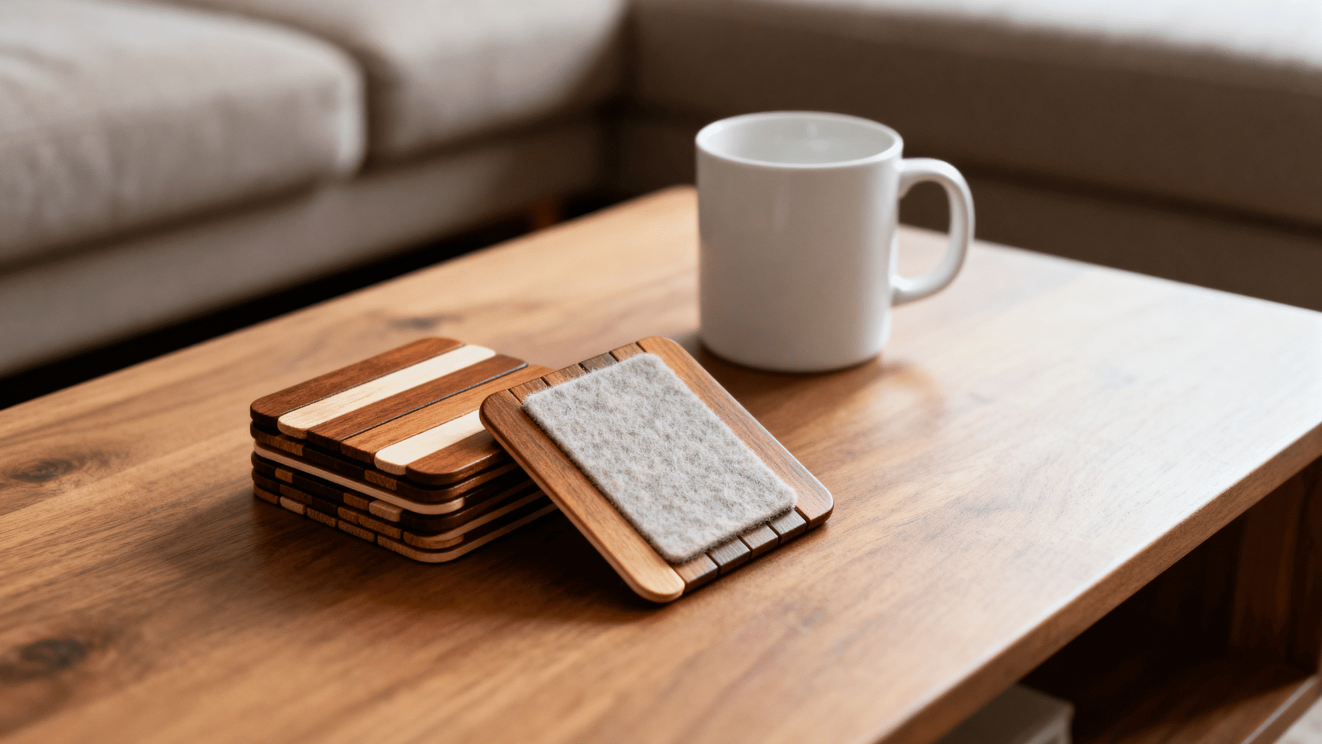 brown popsicle stick coasters on a coffee table beside a plain mug