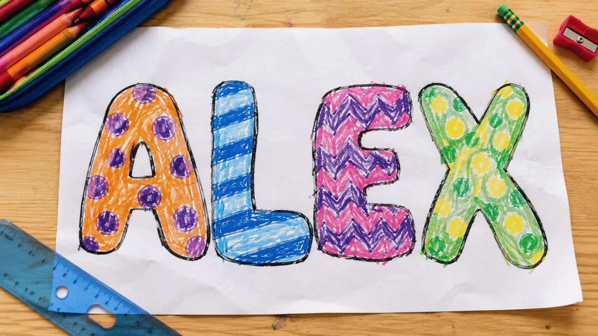 bubble letter name art with patterns in dots stripes and zigzags on wooden table