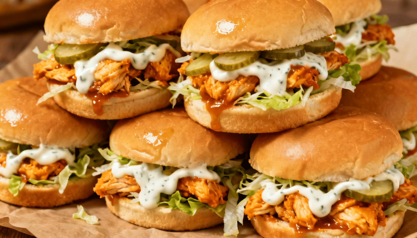 buffalo ranch chicken sliders with shredded buffalo chicken, crisp lettuce, pickle slices, and creamy ranch dressing on soft slider buns