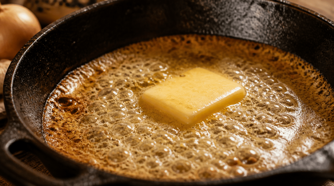 butter melting in hot cast iron skillet before adding dutch baby pancake batter