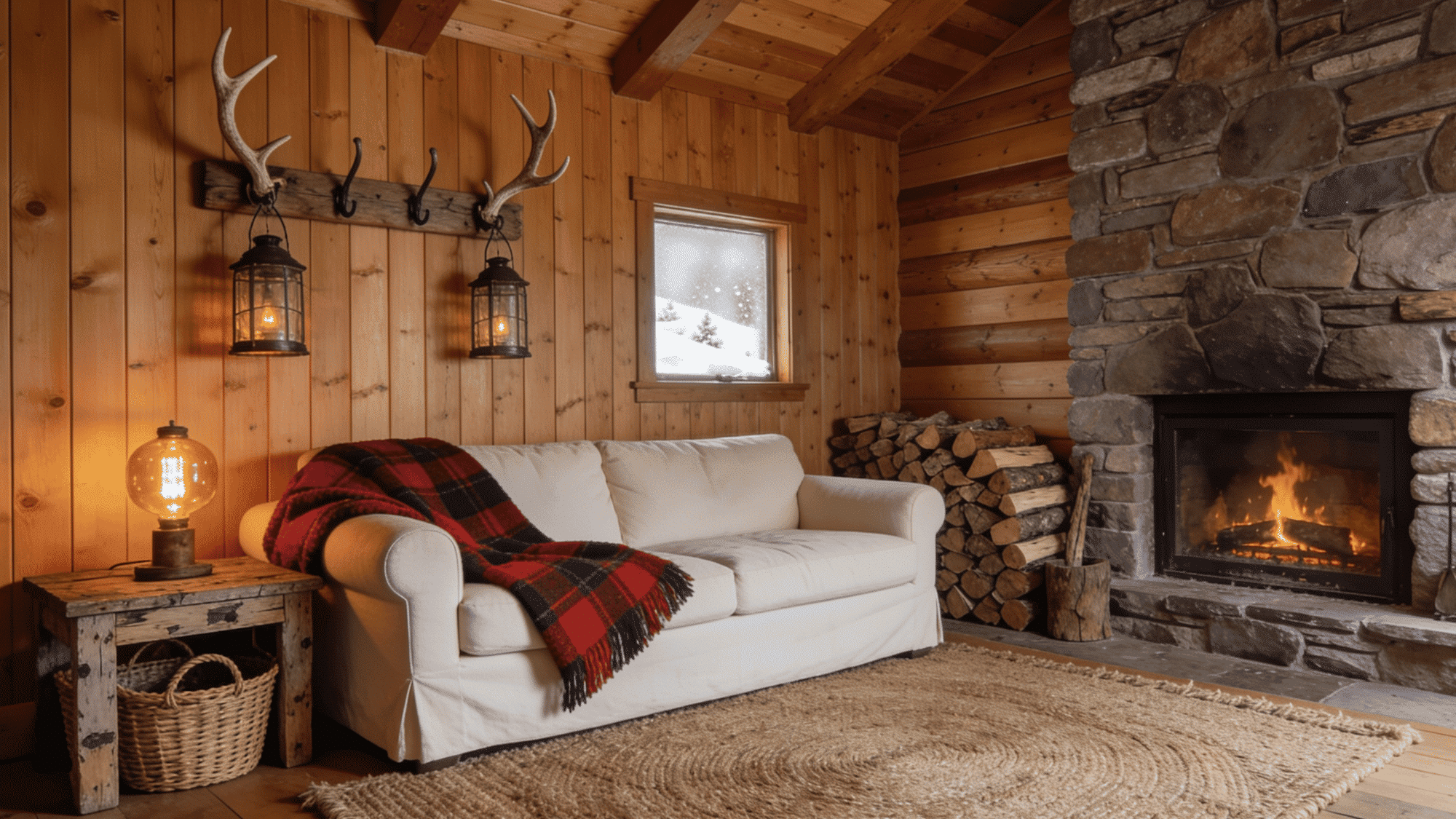 cabin style living room with pine wood panel wall plaid throw woven baskets and stacked logs in warm light