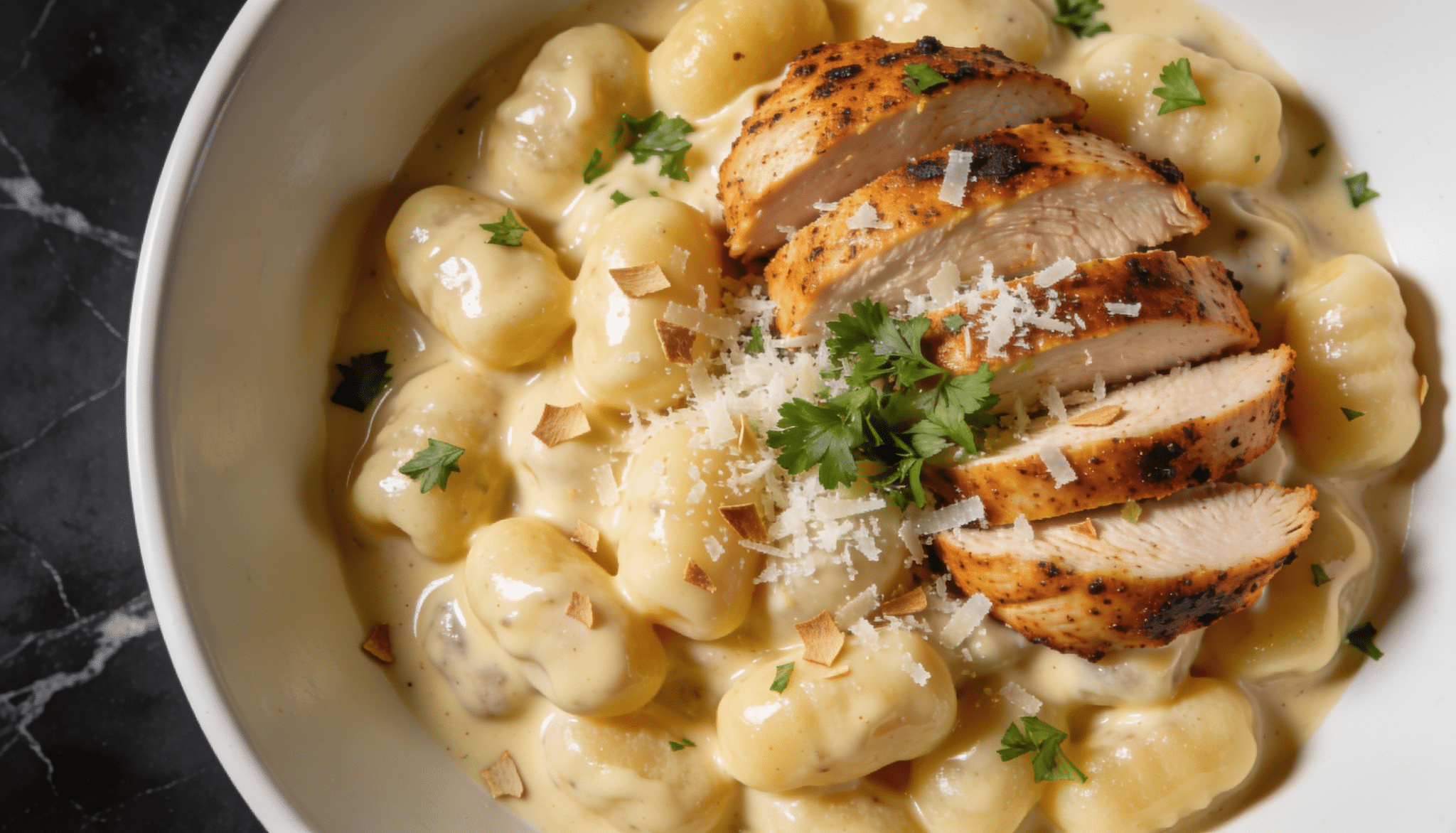 cajun chicken alfredo gnocchi with creamy parmesan sauce, pillowy gnocchi, sliced seasoned chicken, and fresh parsley garnish in a bowl