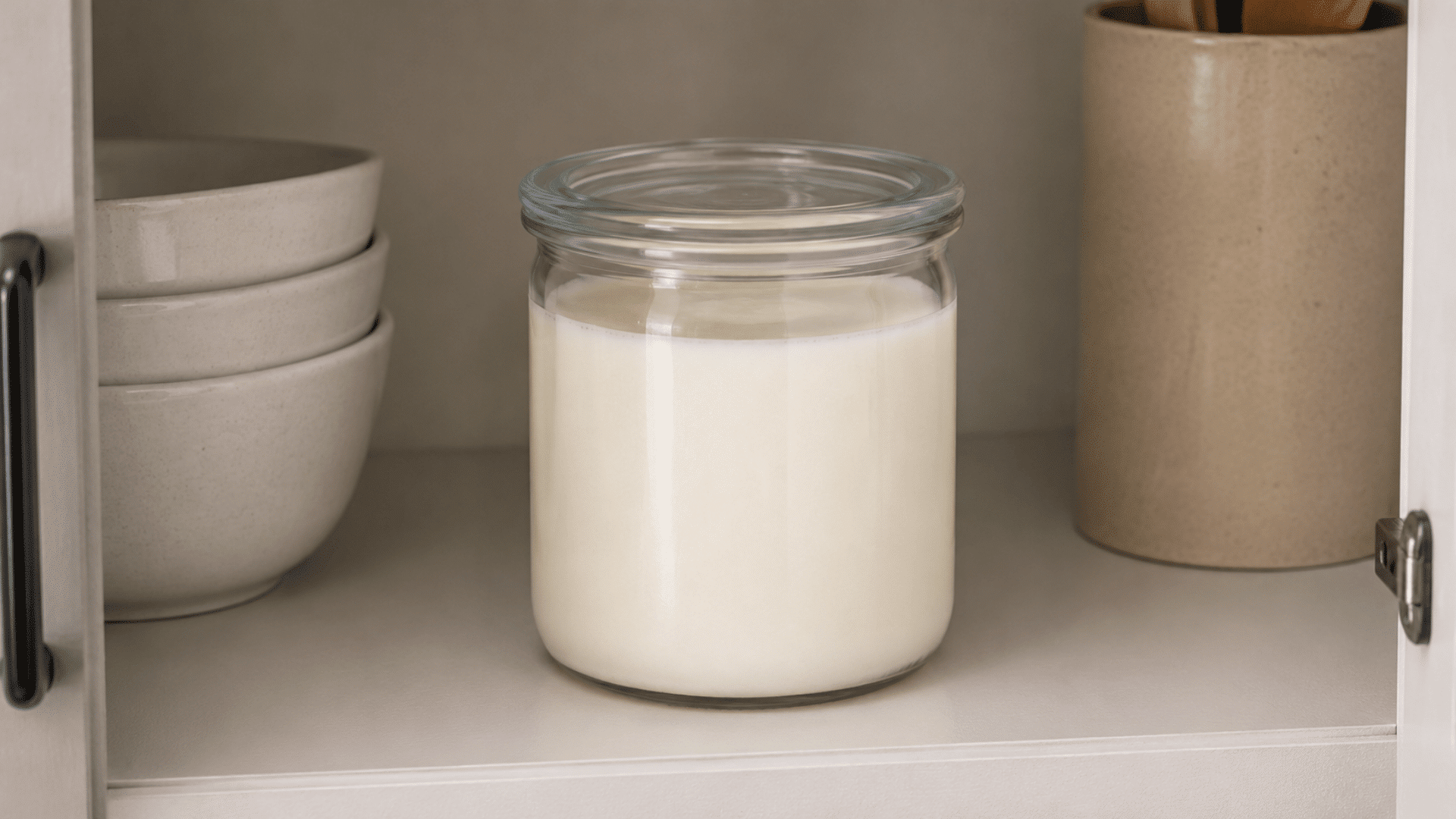 calm kitchen still-life with jars and bowls with blurred cupboard doors white color and yogurt kept in jar with other utensils stacked bowls jar and slab