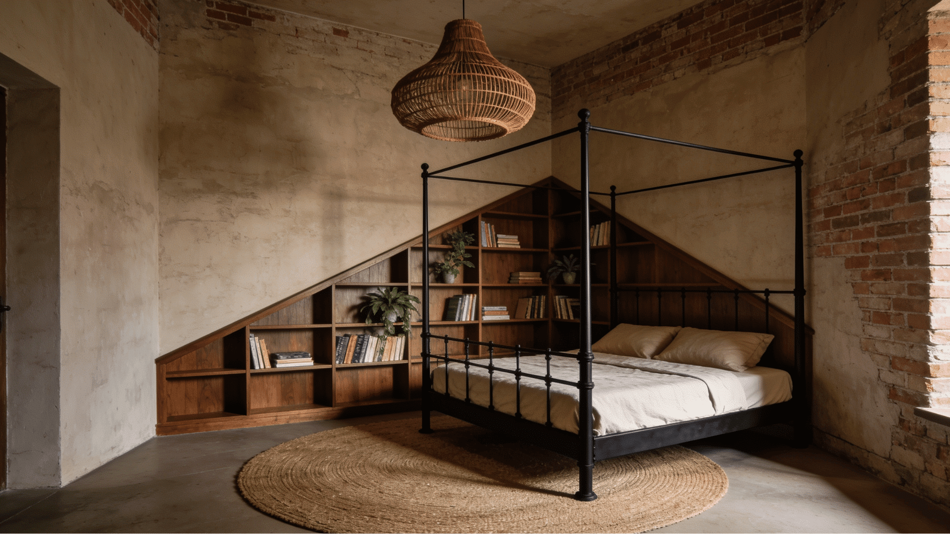 canopy bed placed diagonally in bedroom corner with round rug and rattan pendant light overhead