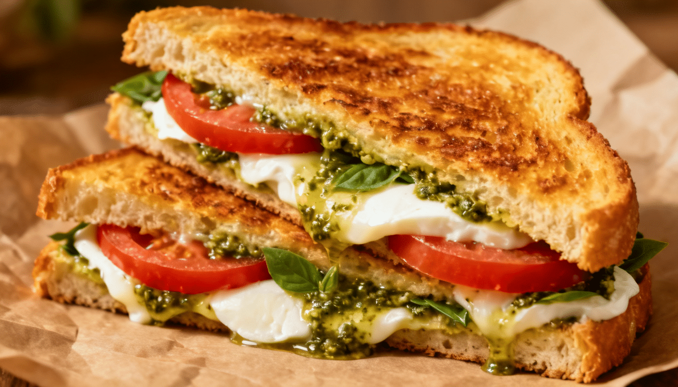 caprese pesto grilled cheese with melted mozzarella, fresh tomato slices, basil pesto, and toasted golden bread cut into halves