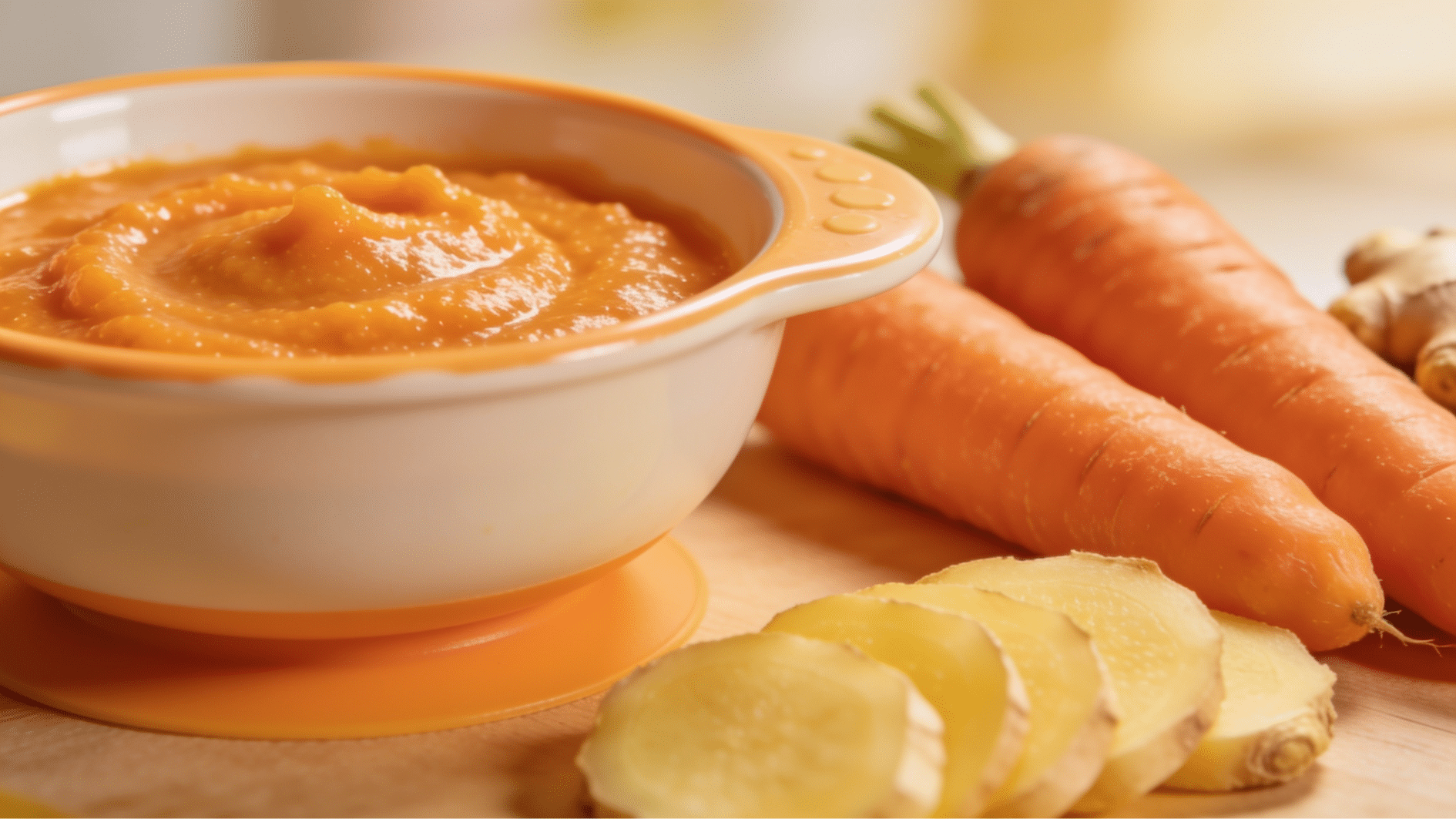 carrot and ginger puree in a baby bowl with fresh carrots and ginger on the table
