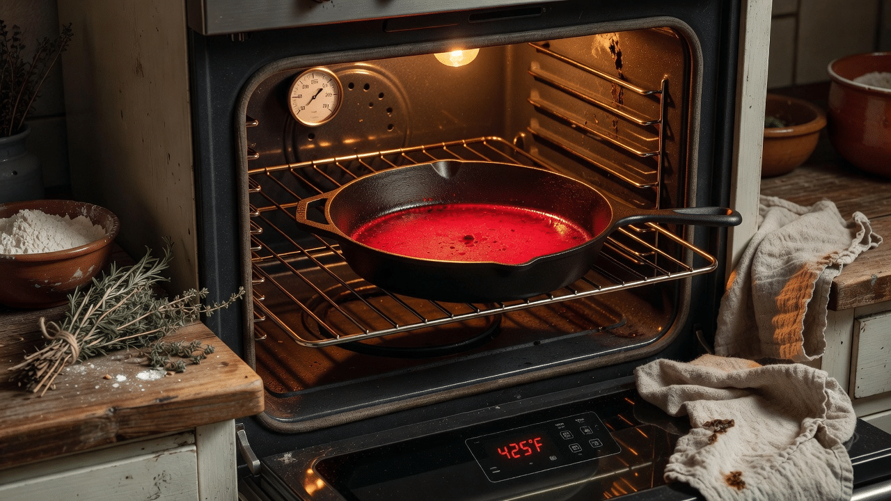 cast iron skillet preheating in oven at 425f before baking dutch baby pancake