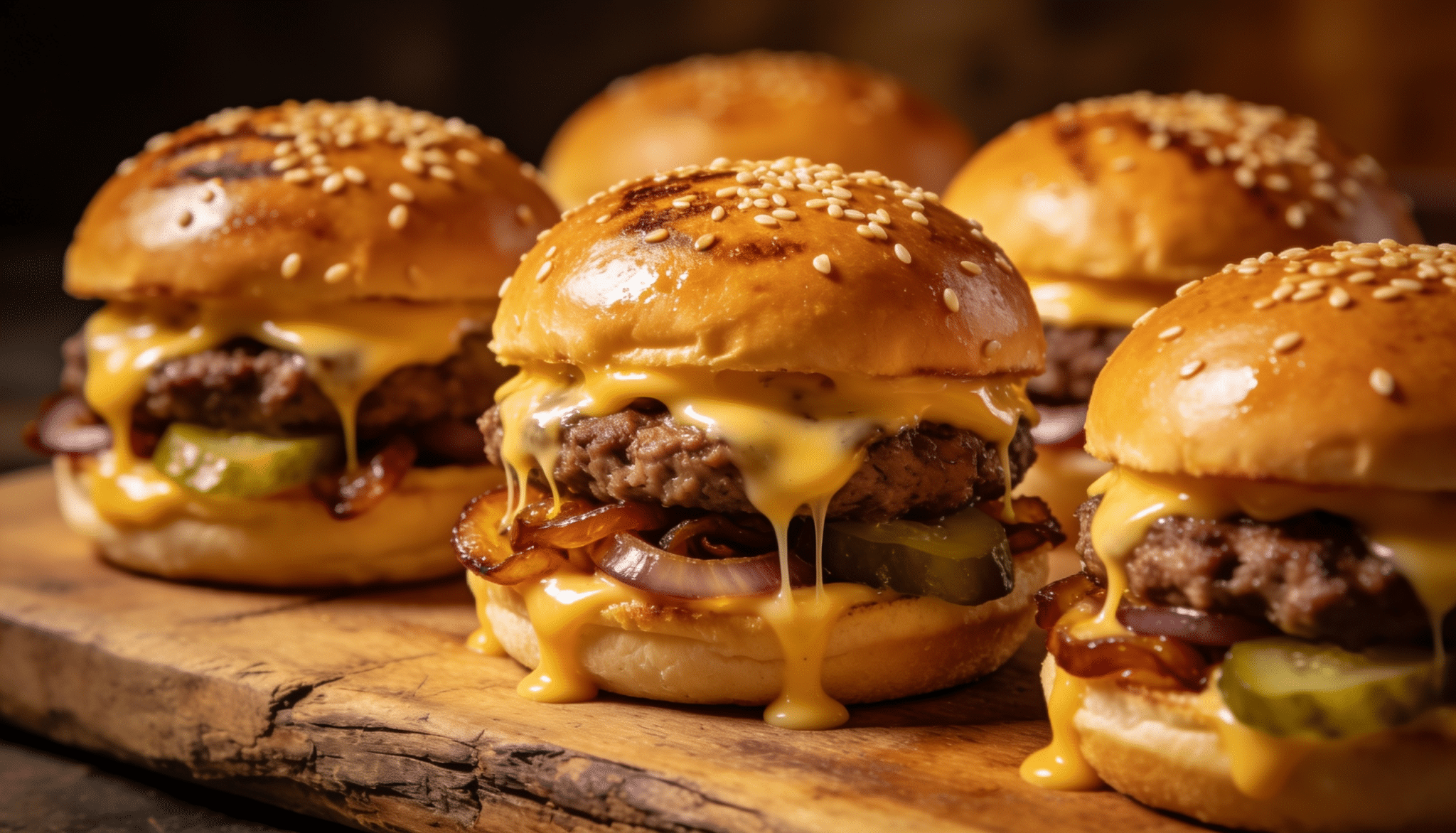 cheesy cheeseburger sliders with beef patties, pickles, onions, and melted cheese on toasted sesame buns