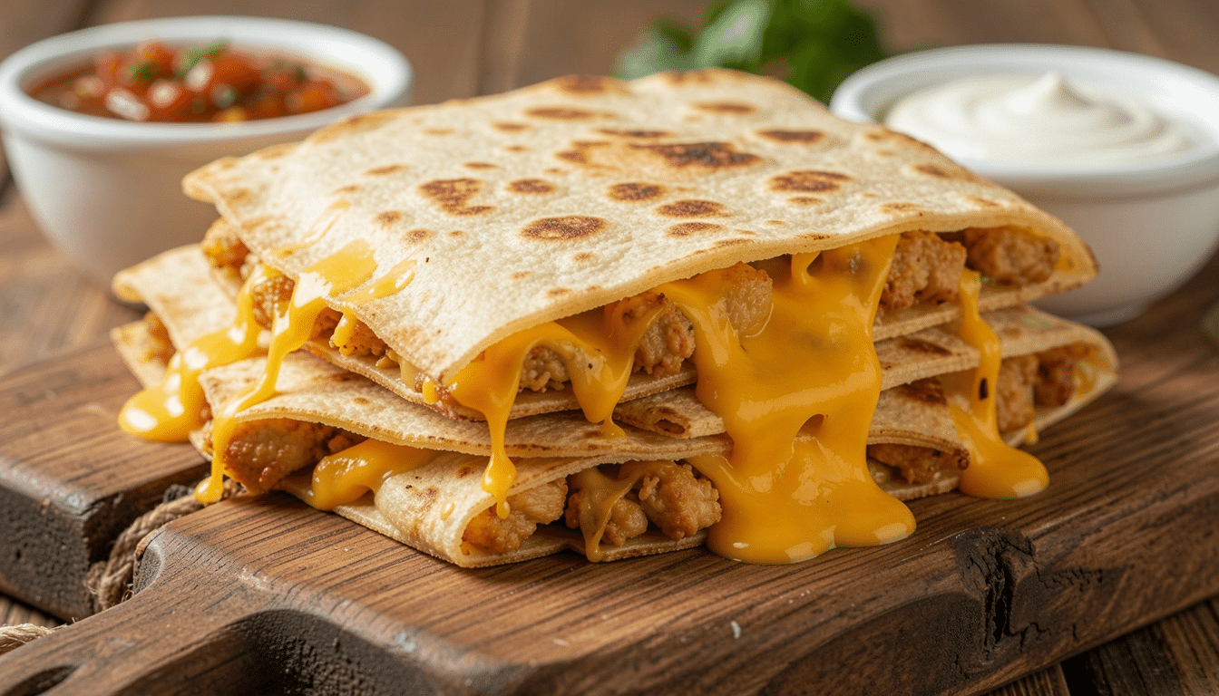 cheesy chicken quesadillas stacked on a wooden board with melted cheese and dipping sauces on the side