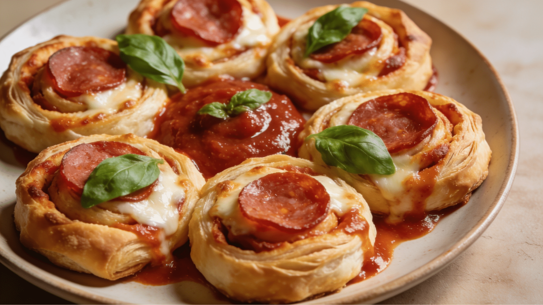 cheesy pizza pinwheels sliced on a wooden board with melted mozzarella and golden edges