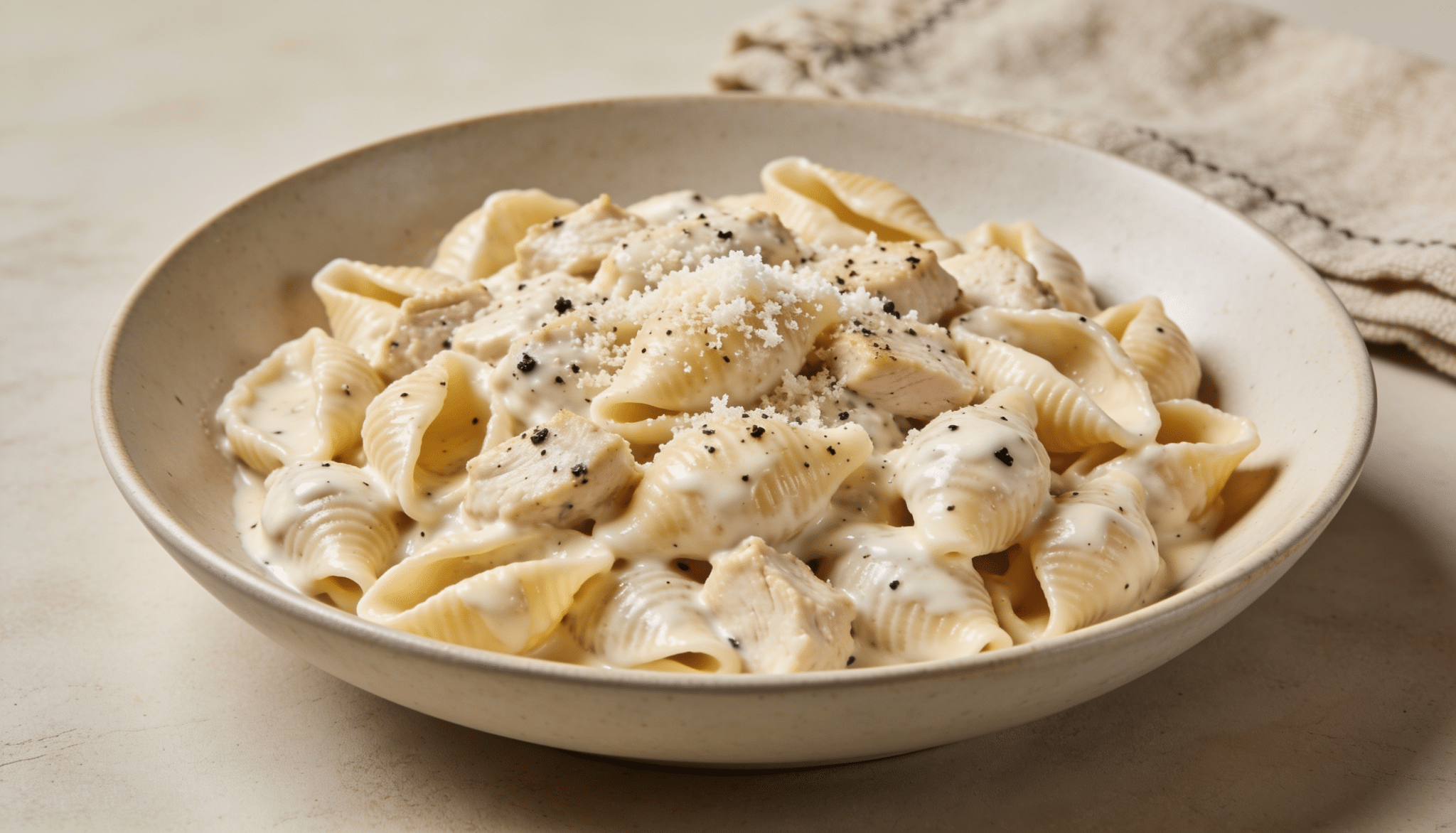chicken alfredo pasta shells coated in creamy sauce with tender chicken pieces and parmesan cheese on top