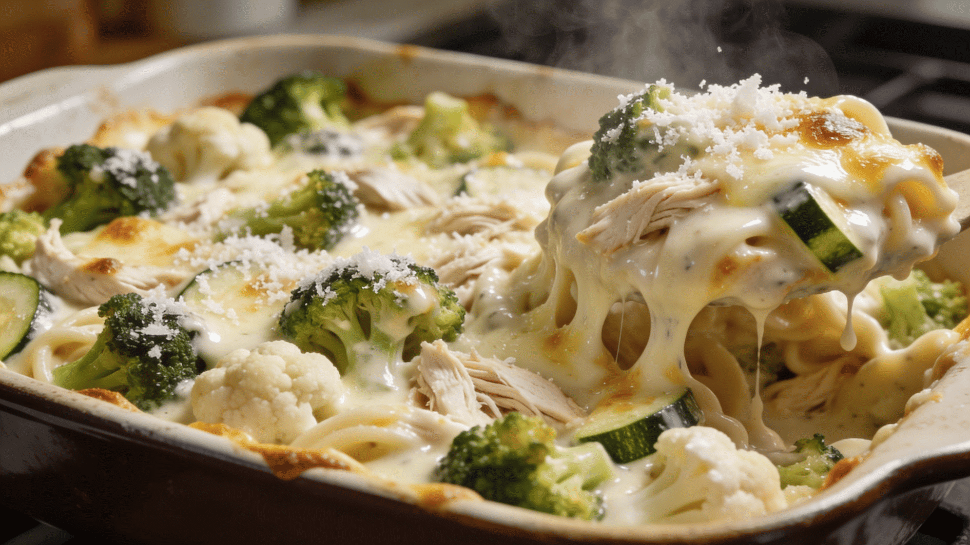 chicken and broccoli cauliflower zucchini alfredo bake with melted cheese and creamy sauce in a ceramic dish with steam rising