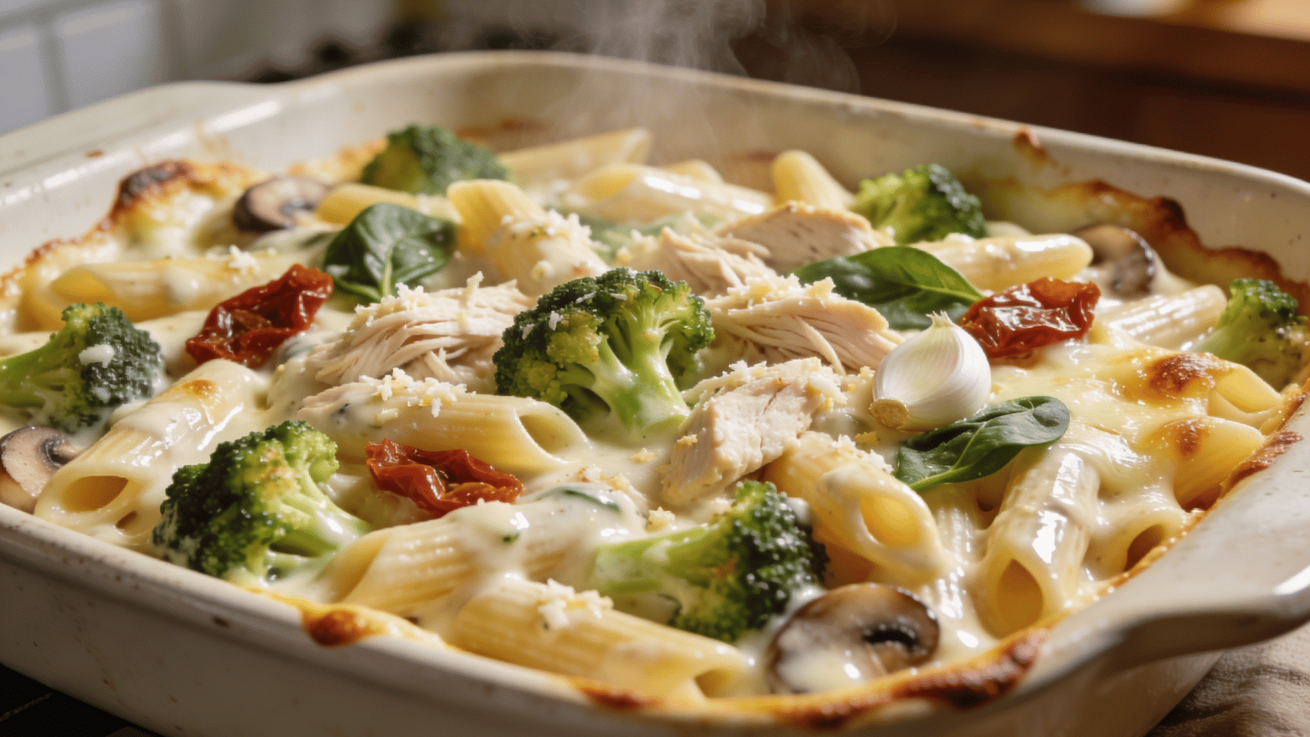 chicken and penne broccoli alfredo pasta bake with spinach mushrooms and sun-dried tomatoes in a ceramic dish