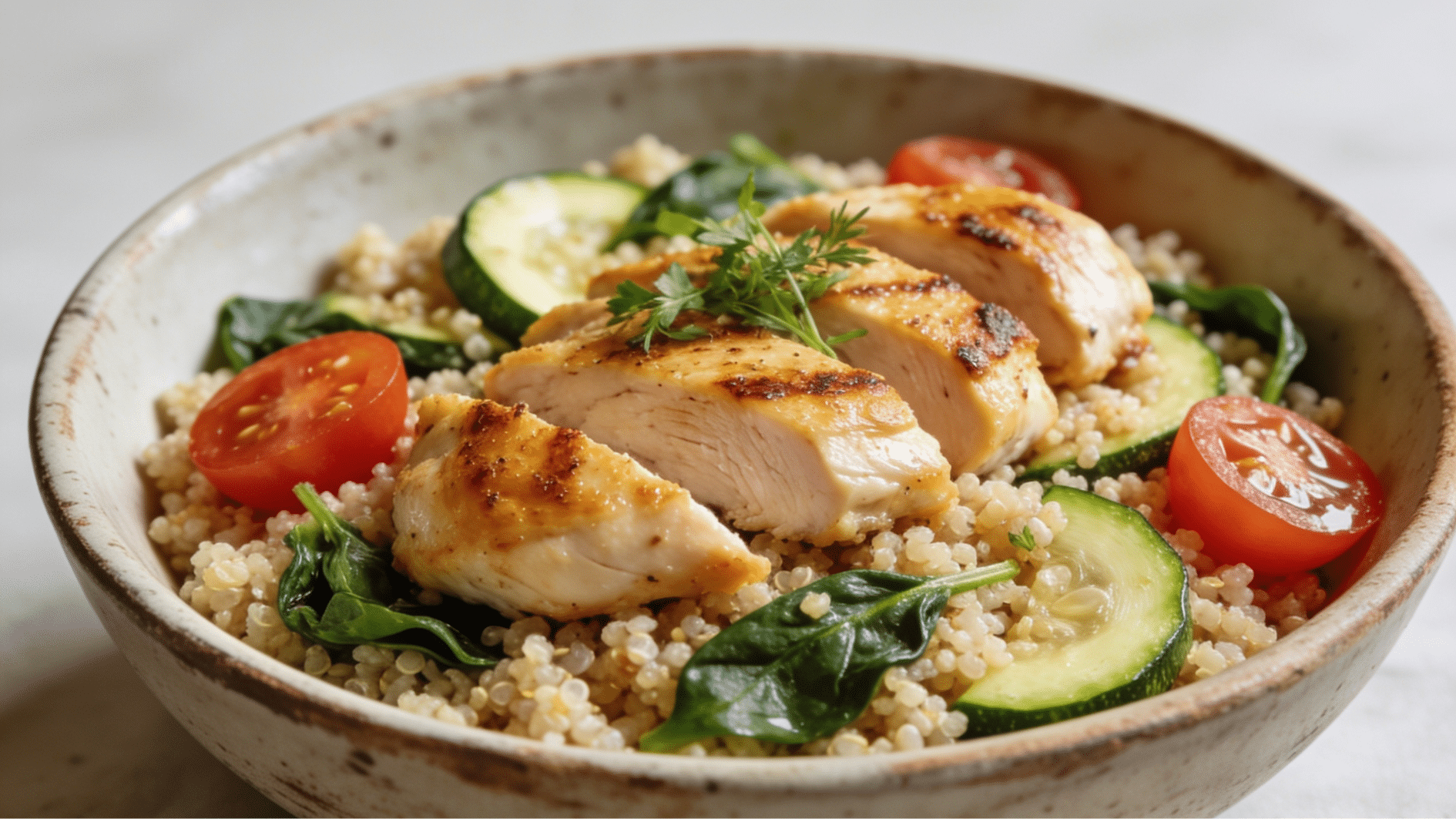 chicken and vegetable quinoa bowl with grilled chicken zucchini cherry tomatoes spinach and fluffy quinoa in a rustic bowl