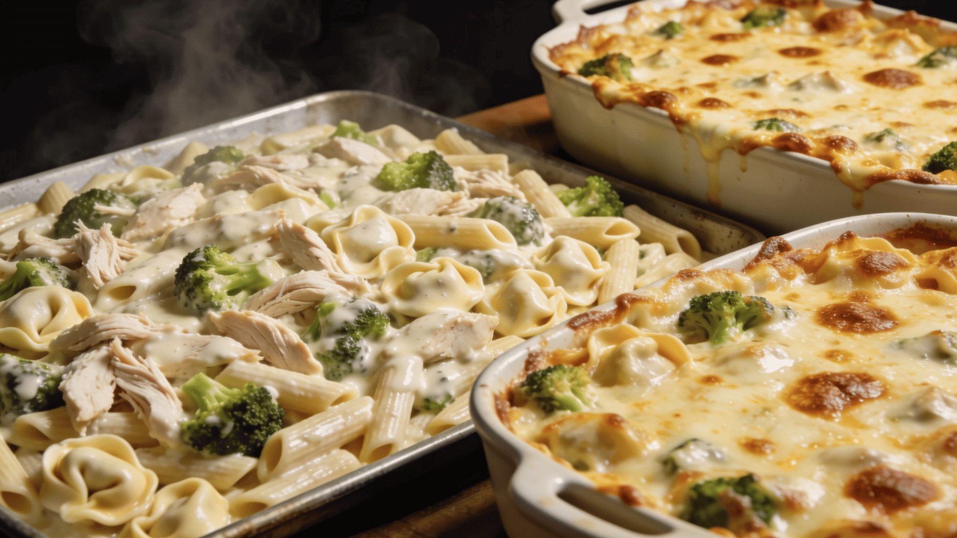 chicken broccoli alfredo pasta bake in sheet pan and ceramic dishes with penne, tortellini, and melted cheese, steam rising