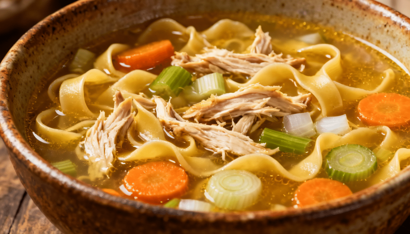 chicken noodle soup with shredded chicken, carrots, celery, onions, and noodles in a warm savory broth bowl