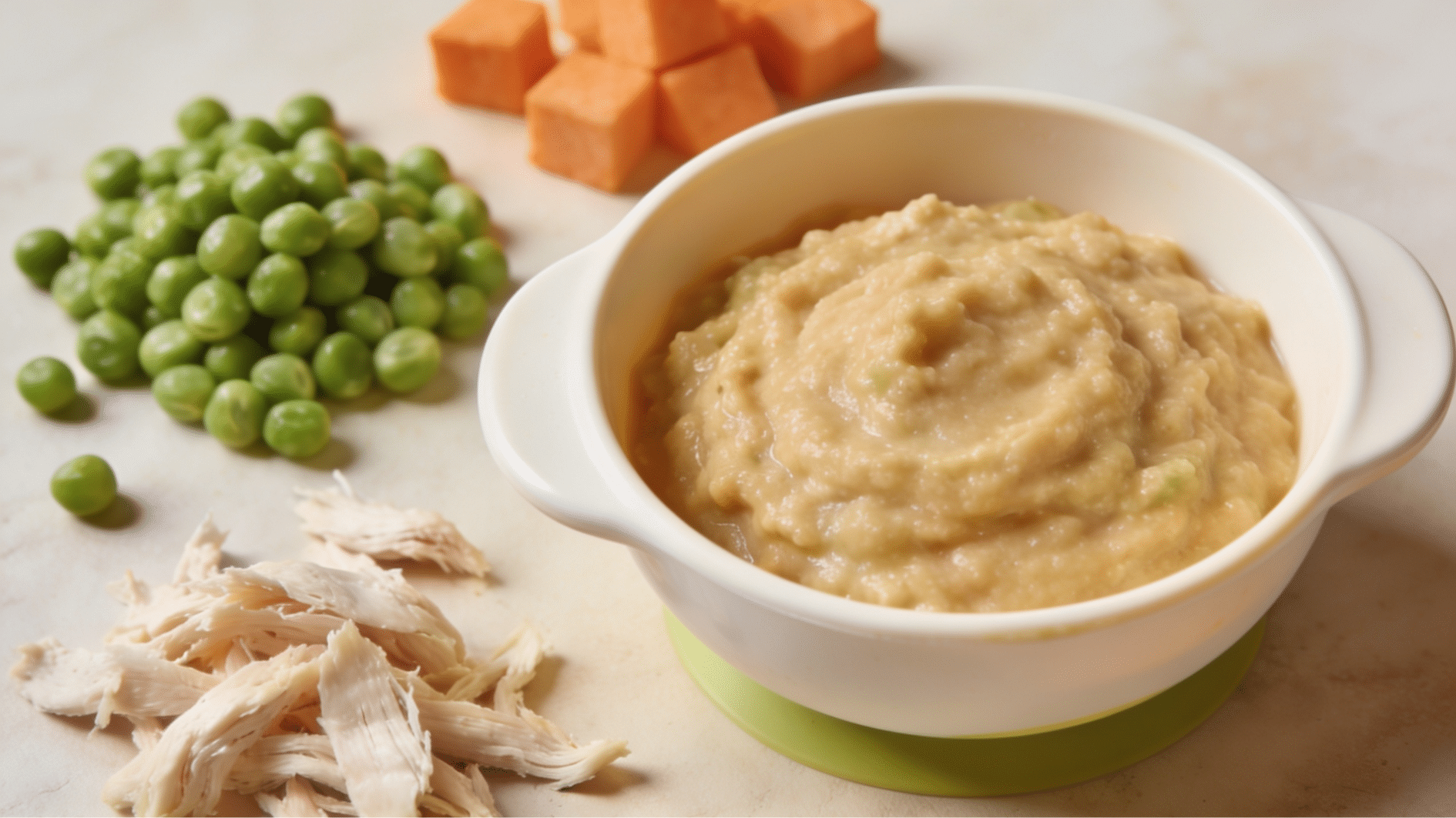 chicken sweet potato and pea mash in a bowl with simple ingredients nearby