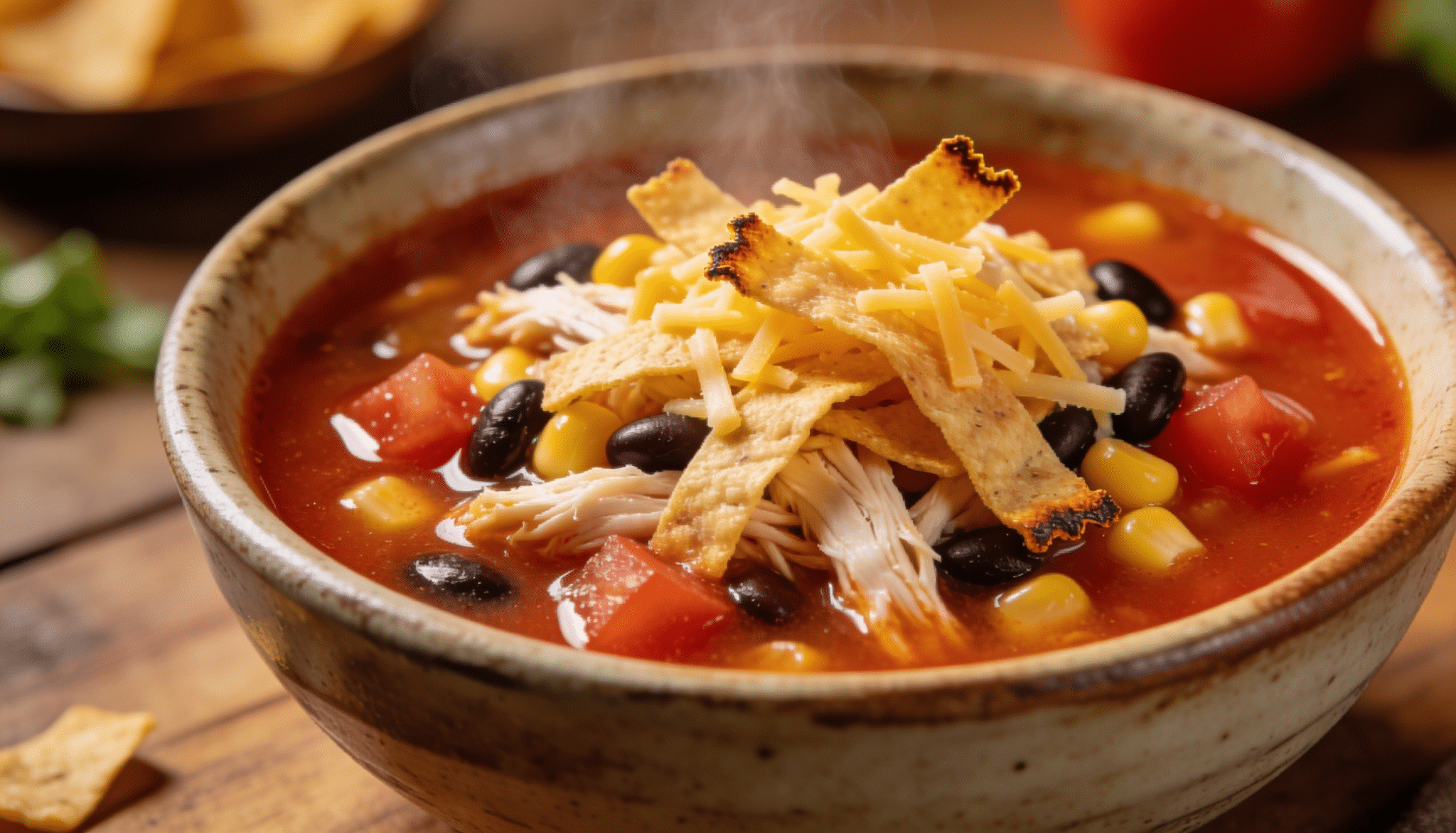 chicken tortilla soup topped with shredded chicken, black beans, corn, cheese, and crispy tortilla strips in a bowl