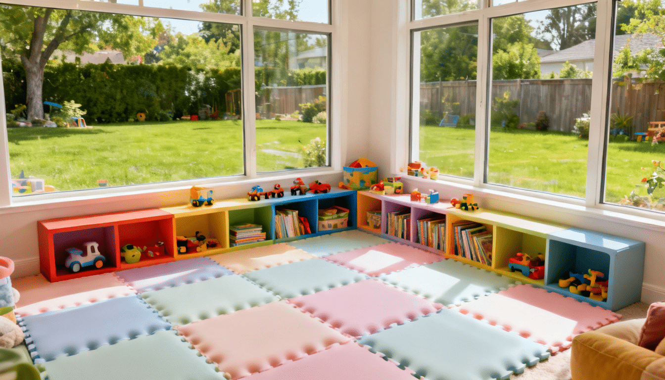 children's playroom addition with colorful storage, large corner windows, soft floor mats, and backyard views