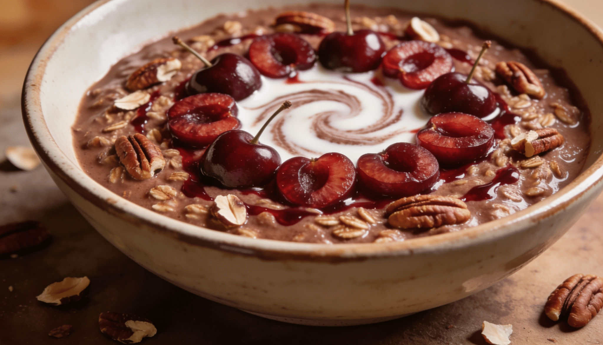 chocolate cherry oat bowl topped with fresh cherries pecans and creamy yogurt swirl in a ceramic breakfast bowl