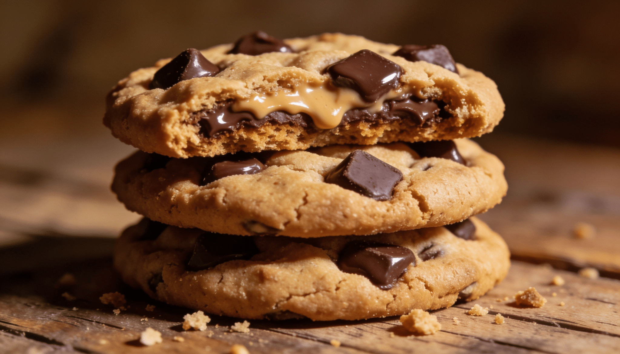 chocolate chip peanut butter cookies stacked on a rustic wooden table with melted chocolate chips and a soft peanut butter center visible in the top cookie