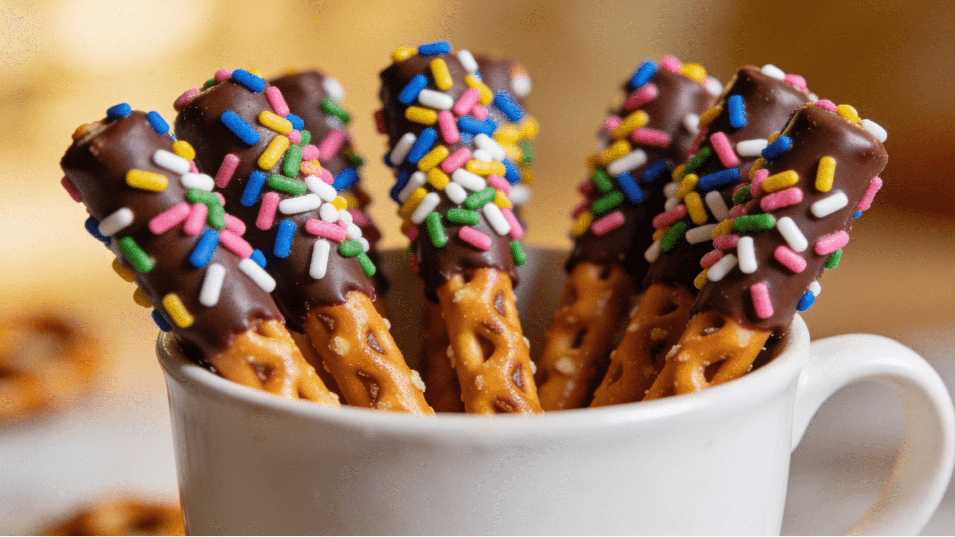 chocolate dipped pretzel wands covered in colorful sprinkles standing in a glass jar