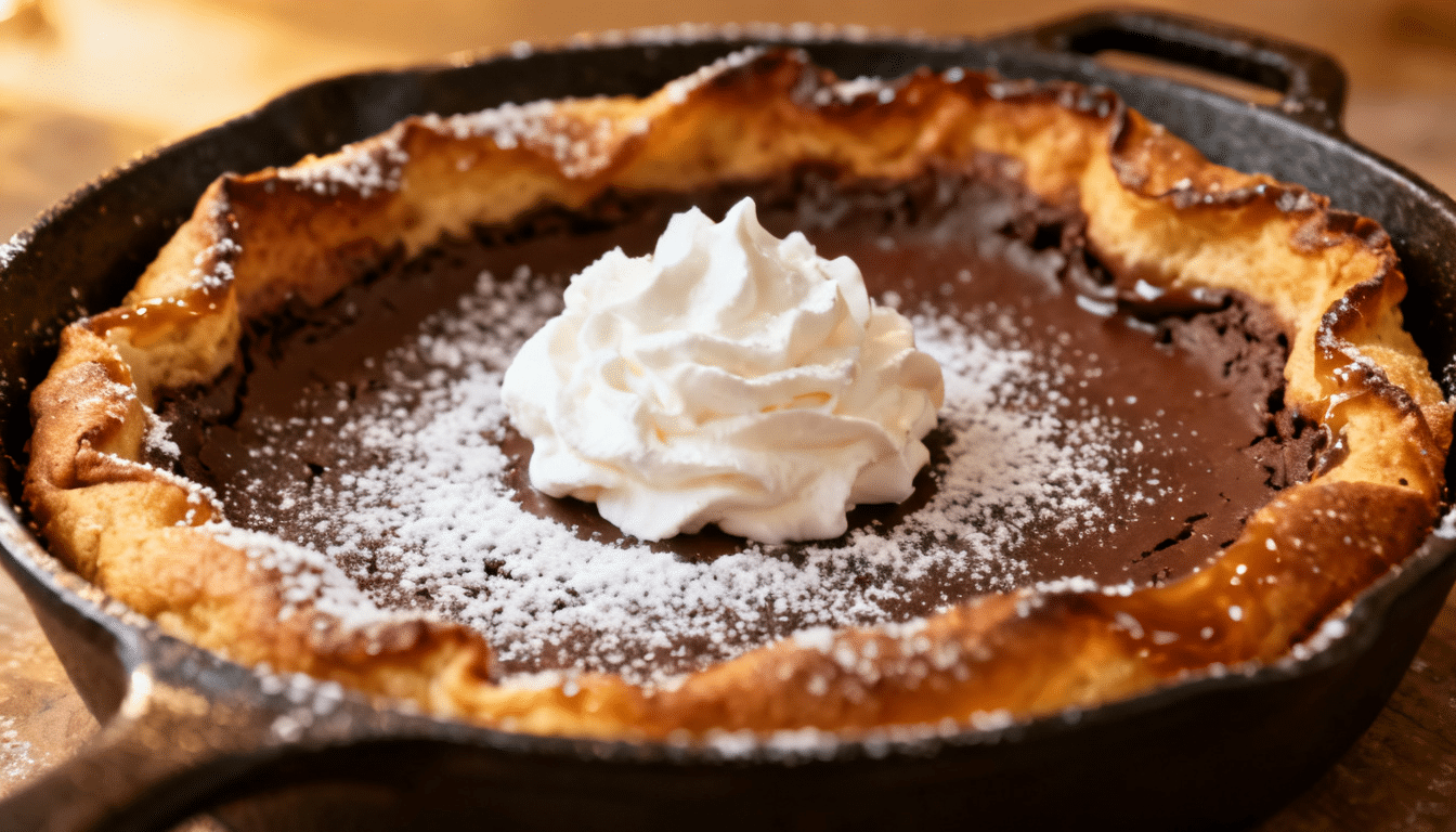 chocolate dutch baby pancake in cast iron skillet topped with whipped cream and powdered sugar