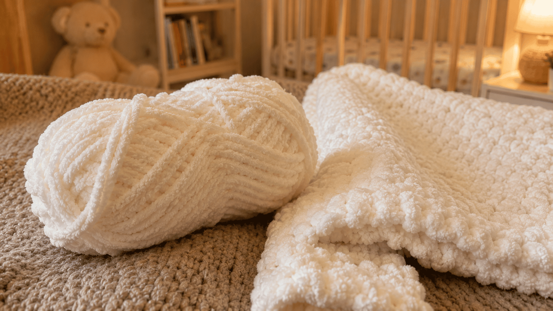 chunky cream chenille yarn beside a soft baby blanket in a cozy nursery with a crib in the background