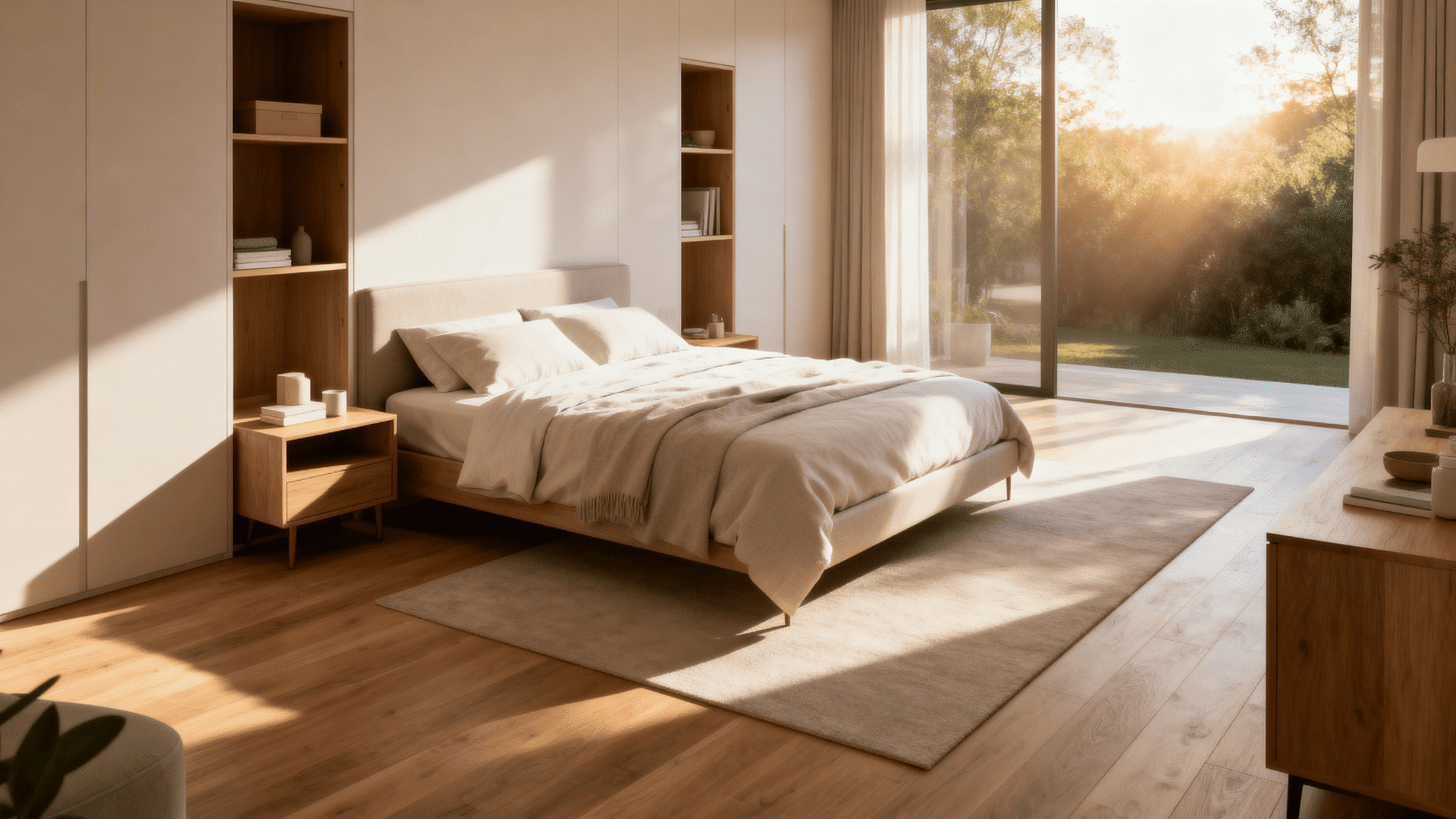 clean bedroom with open space around the bed