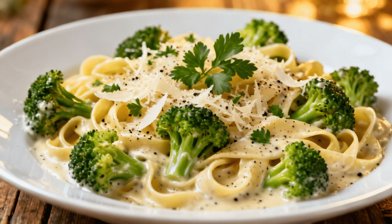close-up of broccoli alfredo with tender broccoli florets, creamy fettuccine pasta, parmesan cheese, parsley, and black pepper served on a plate