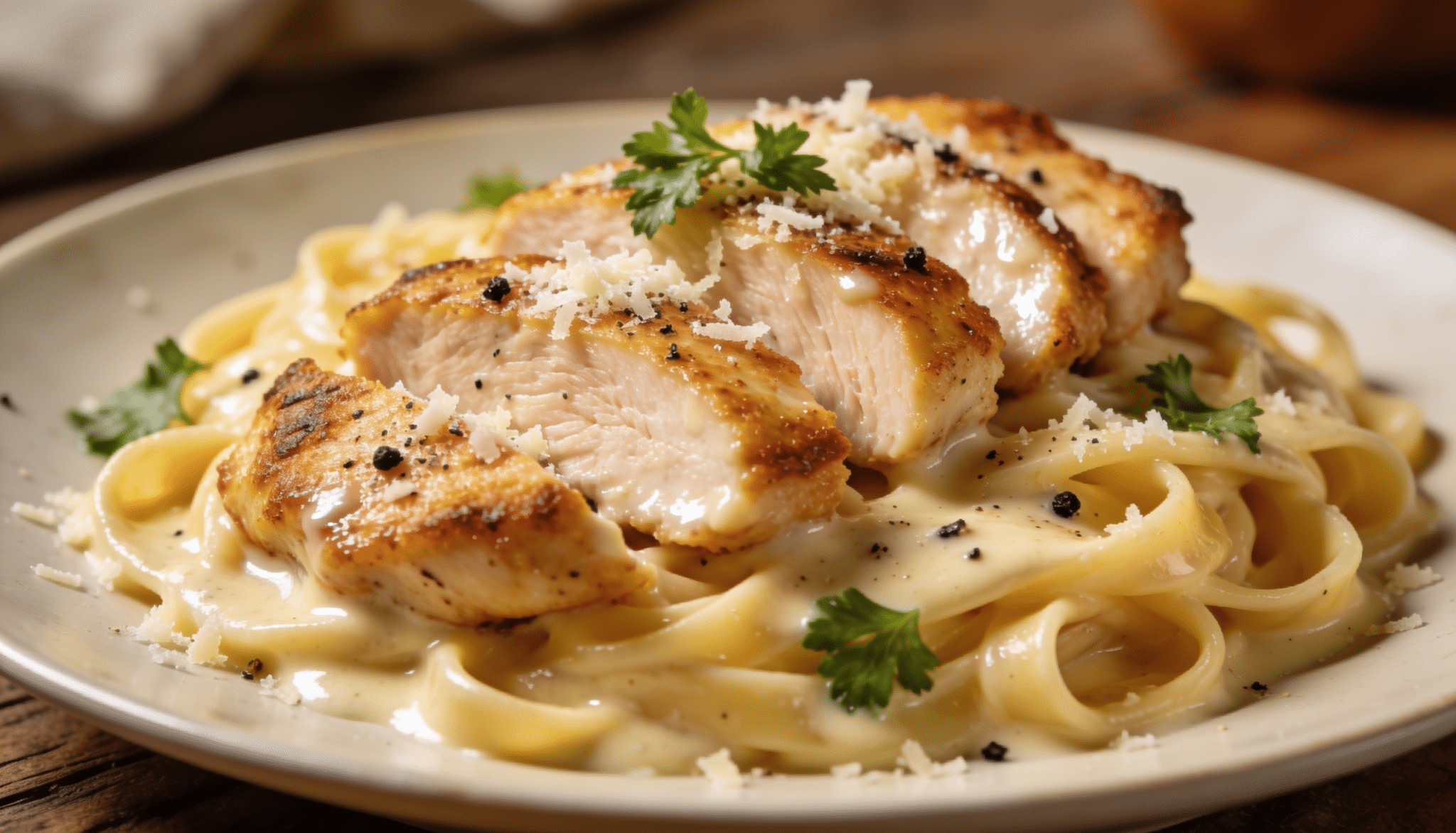 close-up of sliced grilled chicken served over creamy fettuccine alfredo, topped with parmesan cheese, parsley, and black pepper on a plate
