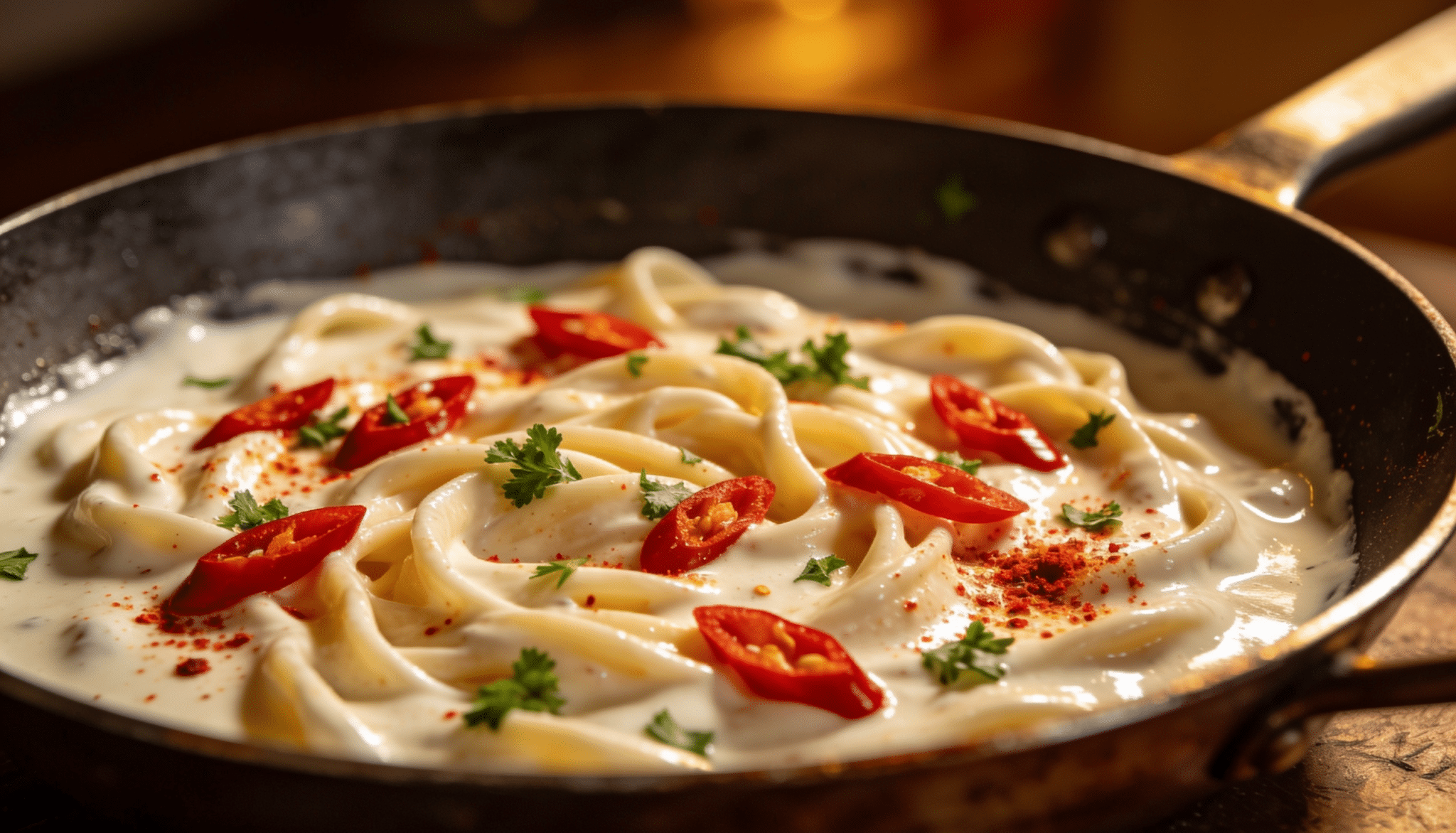 close-up of spicy alfredo pasta in a skillet topped with sliced red chili peppers, parsley, and red pepper flakes in a creamy sauce