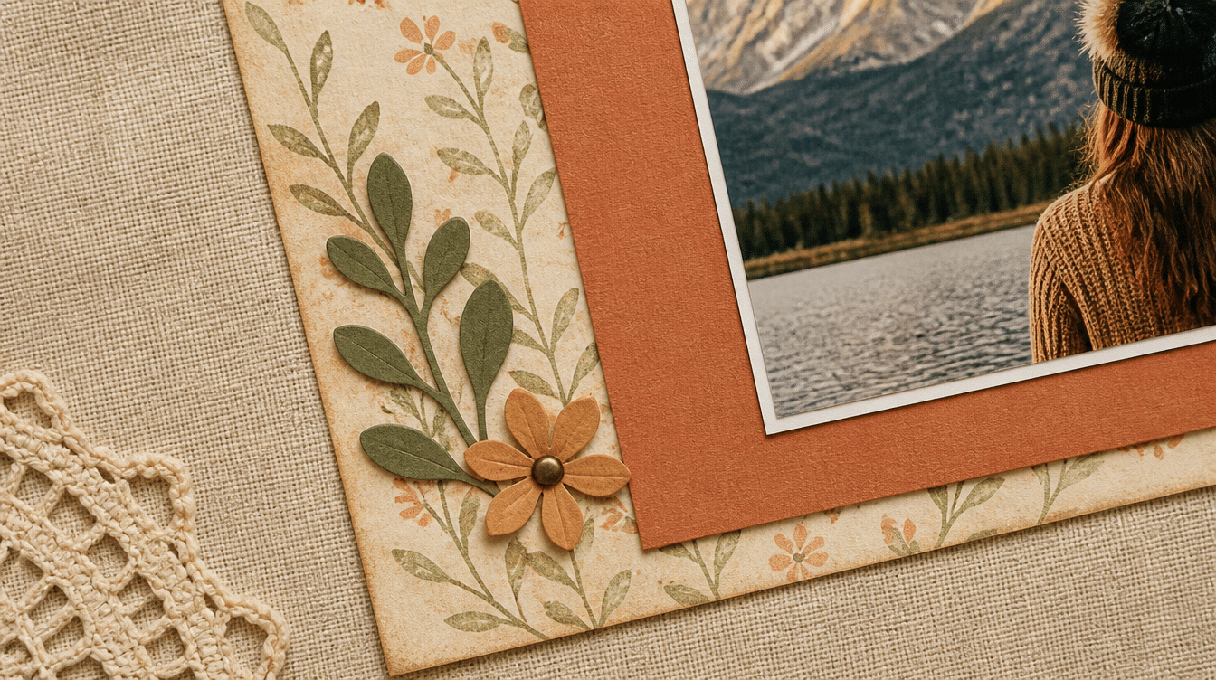 close-up scrapbook page detail featuring layered patterned paper, floral embellishments, photo matting, and botanical accents on natural linen fabric background'