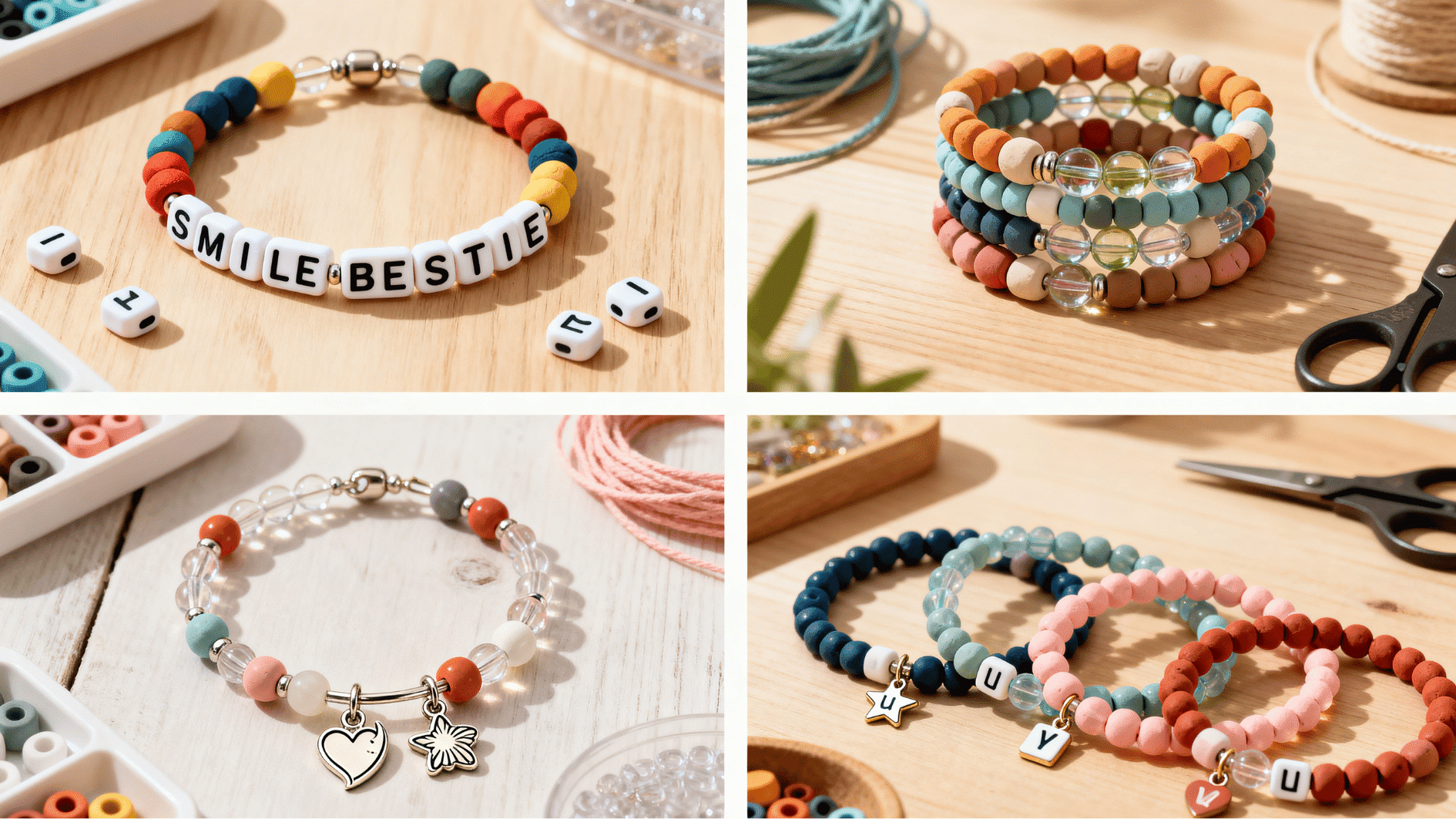collage of beaded bracelet designs on wooden craft table showing name, stack, charm and friendship styles with