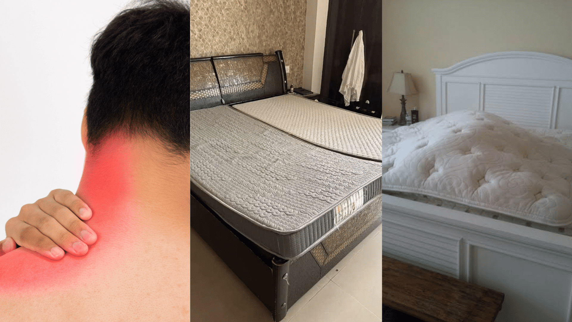 collage of different angles of a grey upholstered queen bed base, showing slats, legs, and under-bed clearance