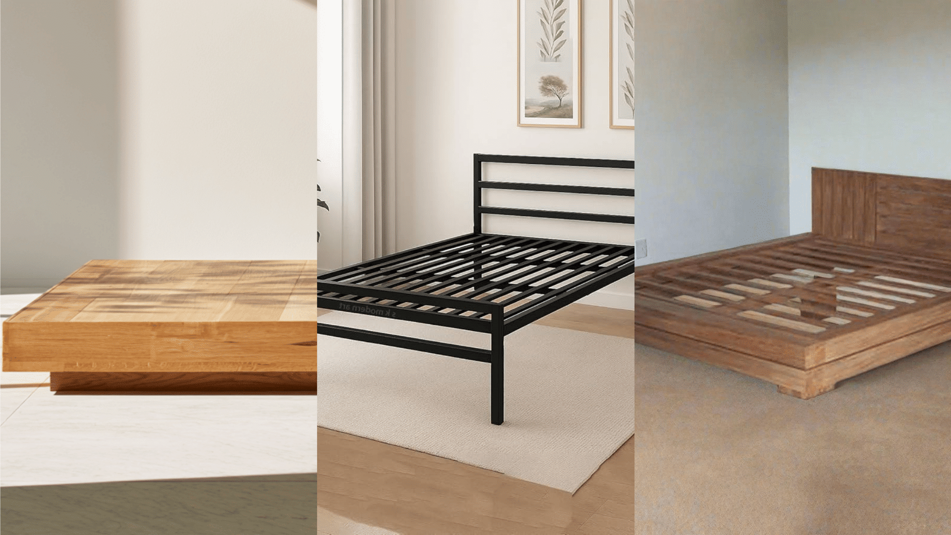 collage of different angles of a grey upholstered queen bed base, showing slats, legs, and under-bed clearance