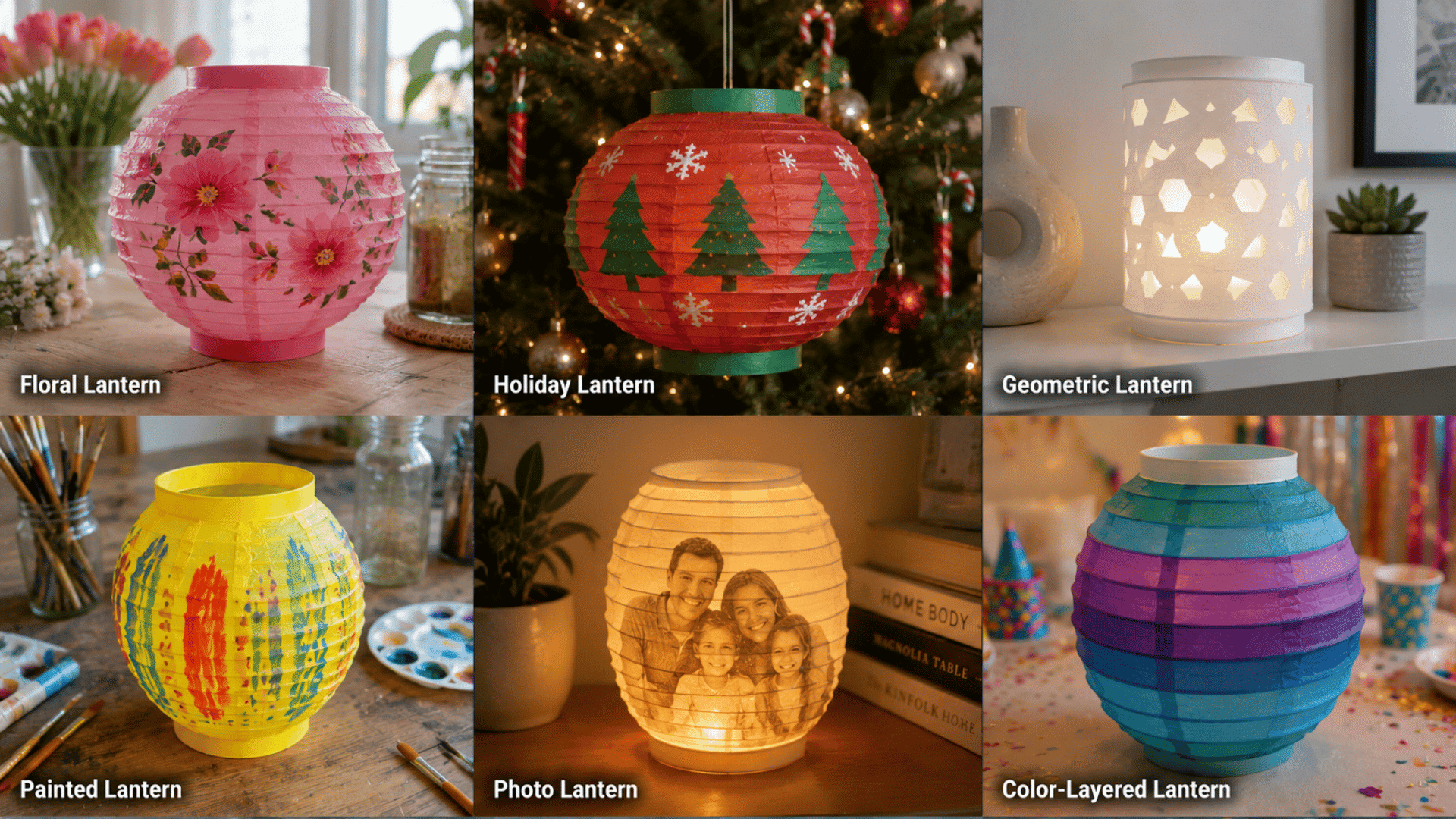 collage of six diy paper lantern design ideas including floral, holiday, geometric, painted, photo and color layered