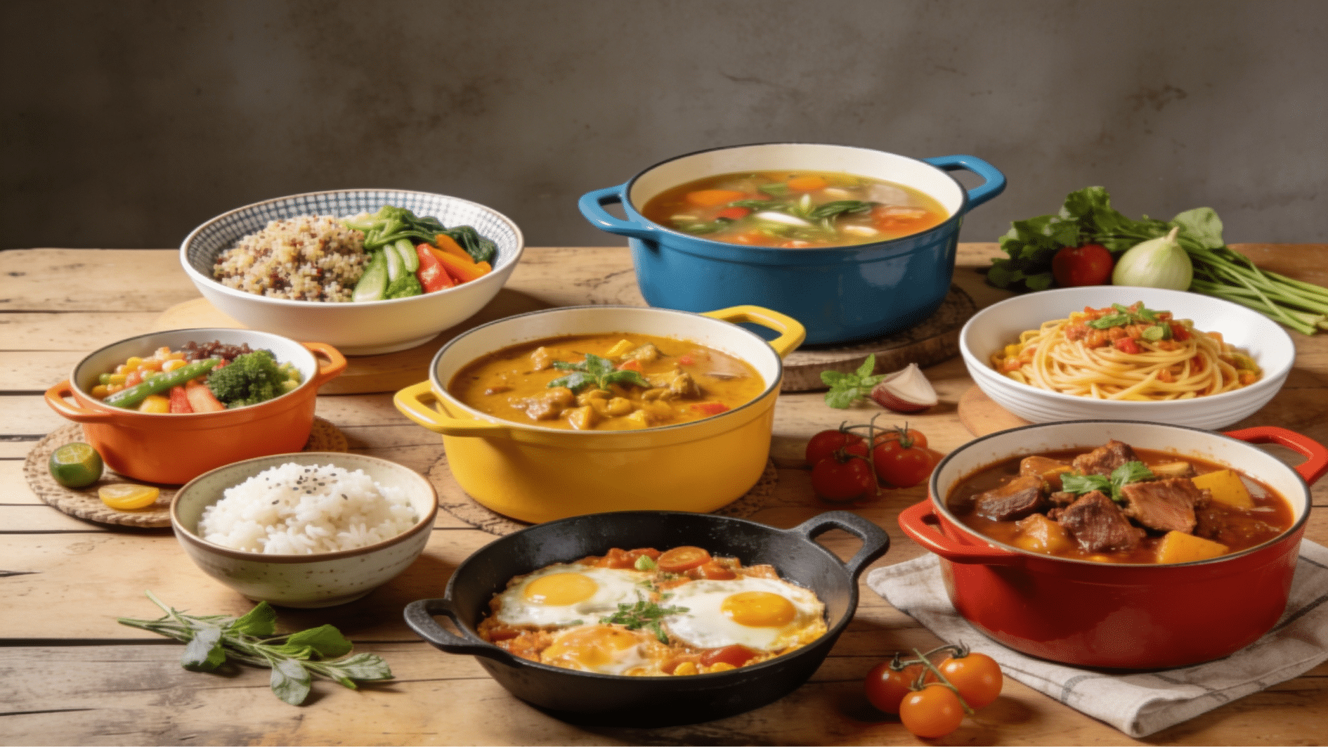 collection of healthy one pot meals including soups curries pasta rice bowls and breakfast dishes on a rustic table