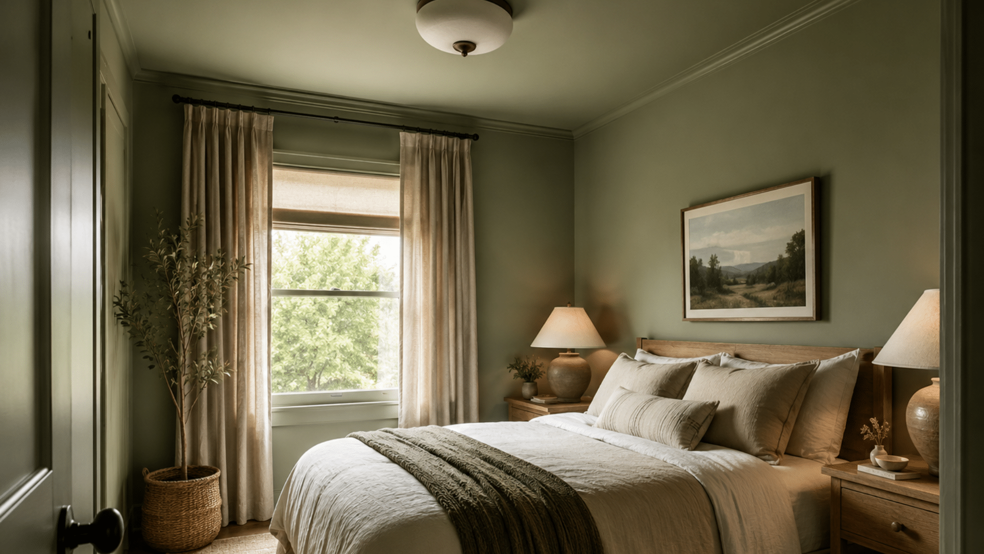 color-drenched sage bedroom with warm lighting, wood furniture, and soft neutral bedding