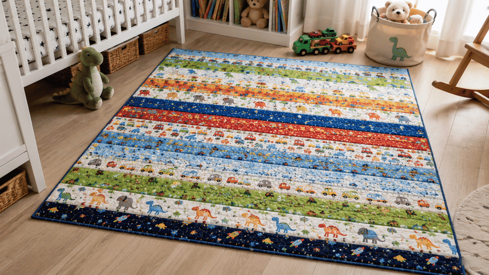 colorful children's jelly roll race quilt with dinosaur and vehicle prints on a nursery floor