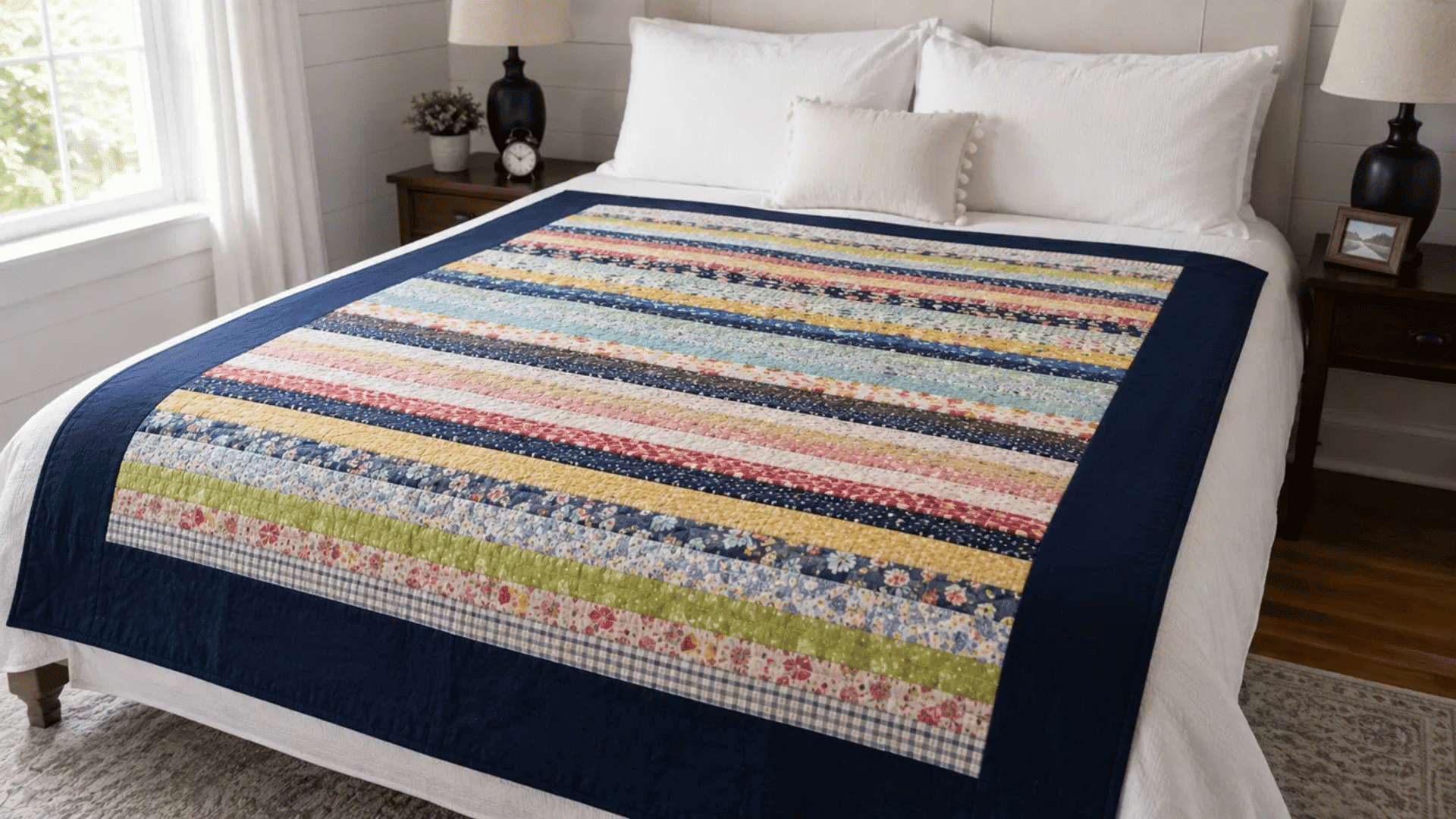 colorful jelly roll race quilt with wide navy border laid on a king-size bed