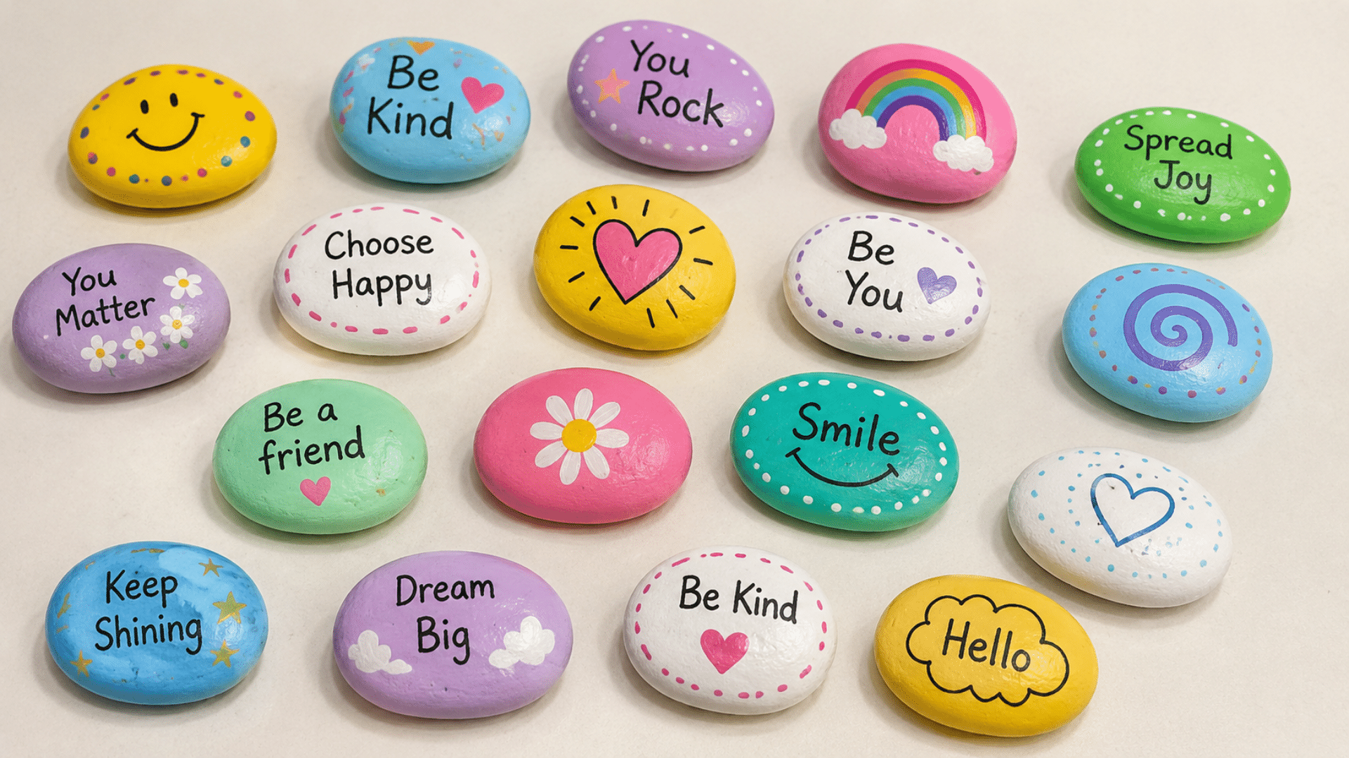 colorful kindness rocks hand-painted with positive messages and bright patterns spread out on a white table background