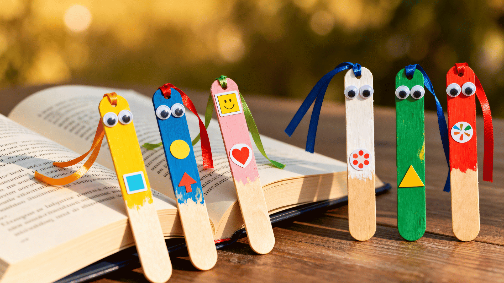 colorful popsicle stick bookmarks with ribbons and googly eyes beside an open book