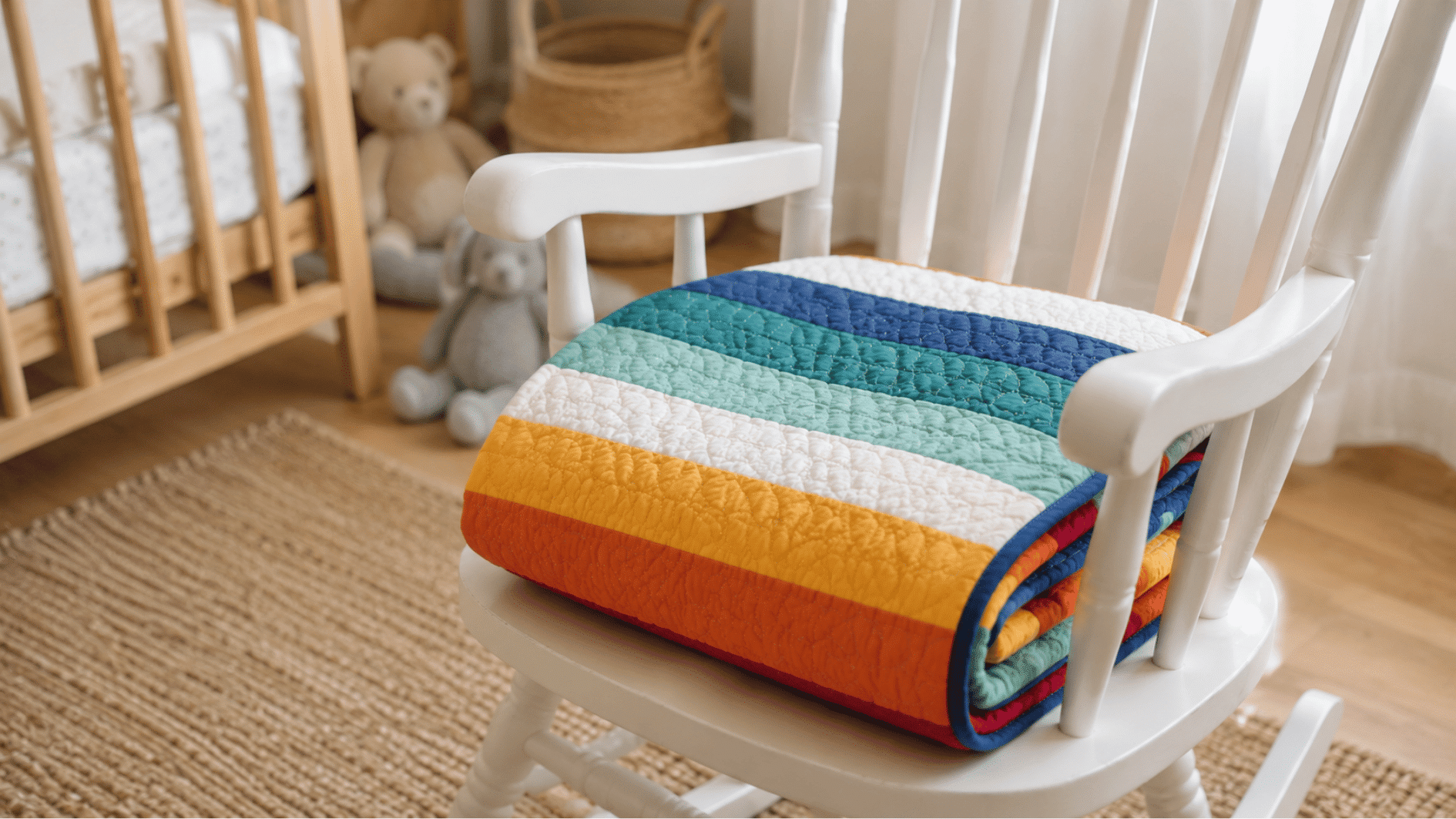 colorful rainbow striped baby quilt folded on a white wooden rocking chair in nursery