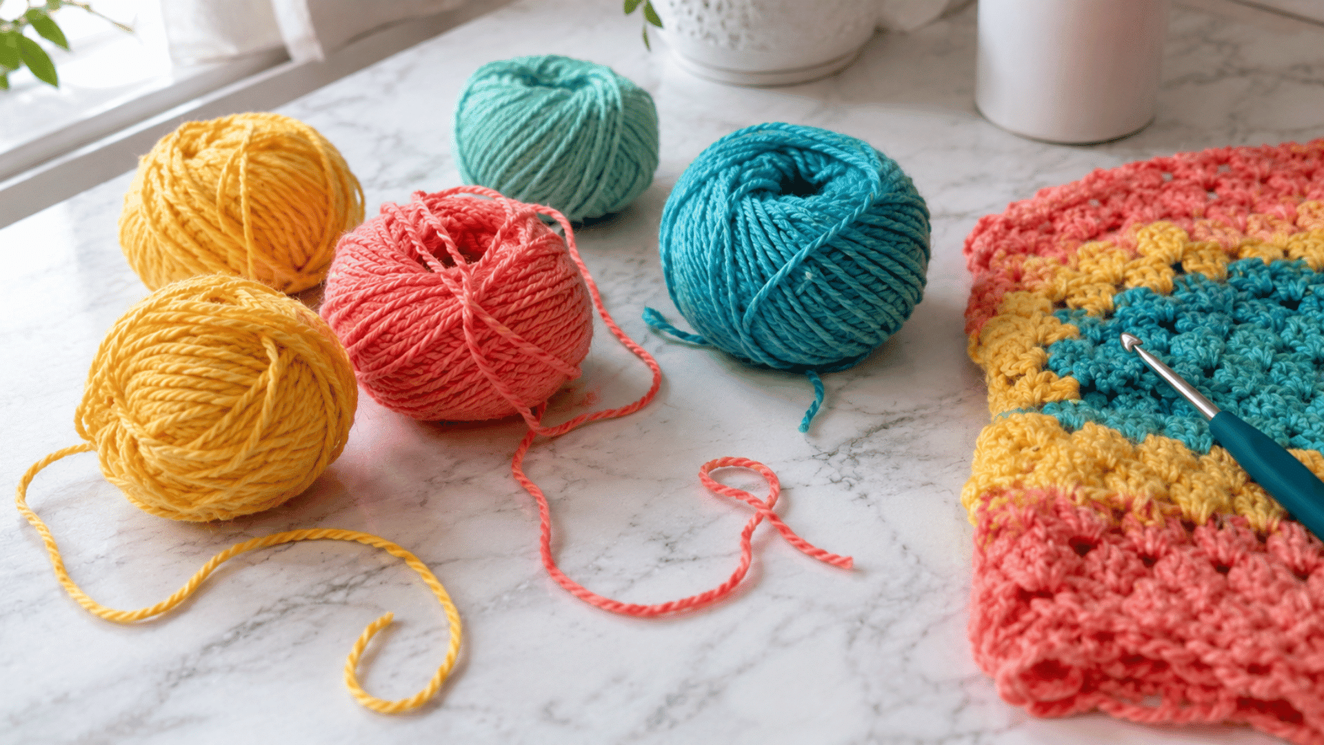 colorful yarn balls in yellow coral and teal on a white marble surface beside a crochet project in progress