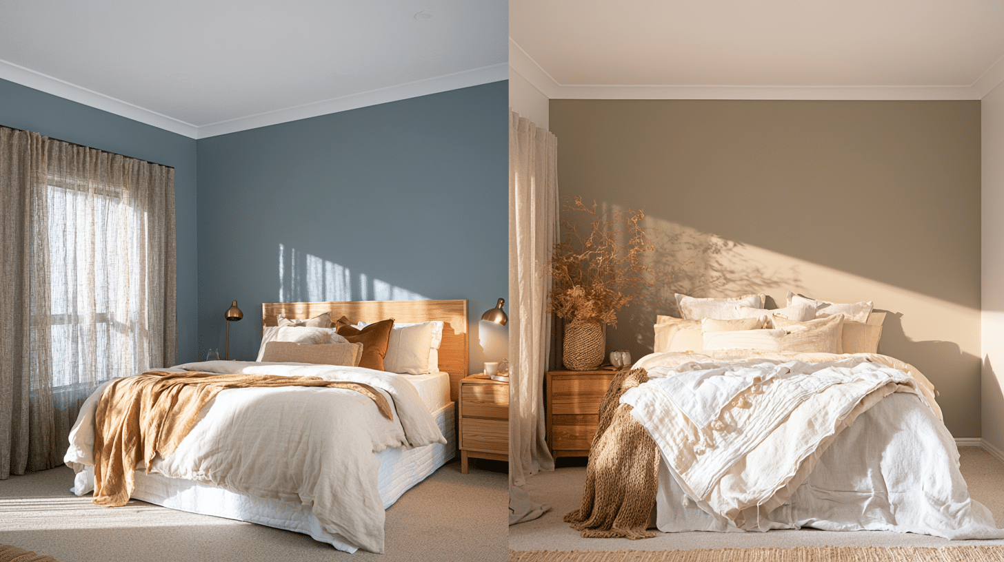 comparison of dusty blue and mushroom color drenched bedrooms with layered bedding, wood furniture and warm accents