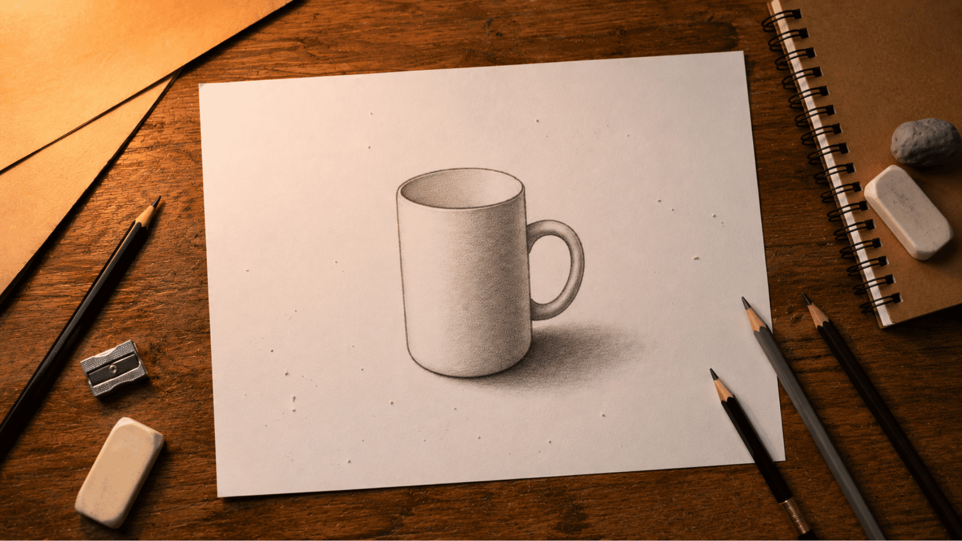 completed beginner pencil sketch of a coffee mug with shading and shadow on a wooden desk