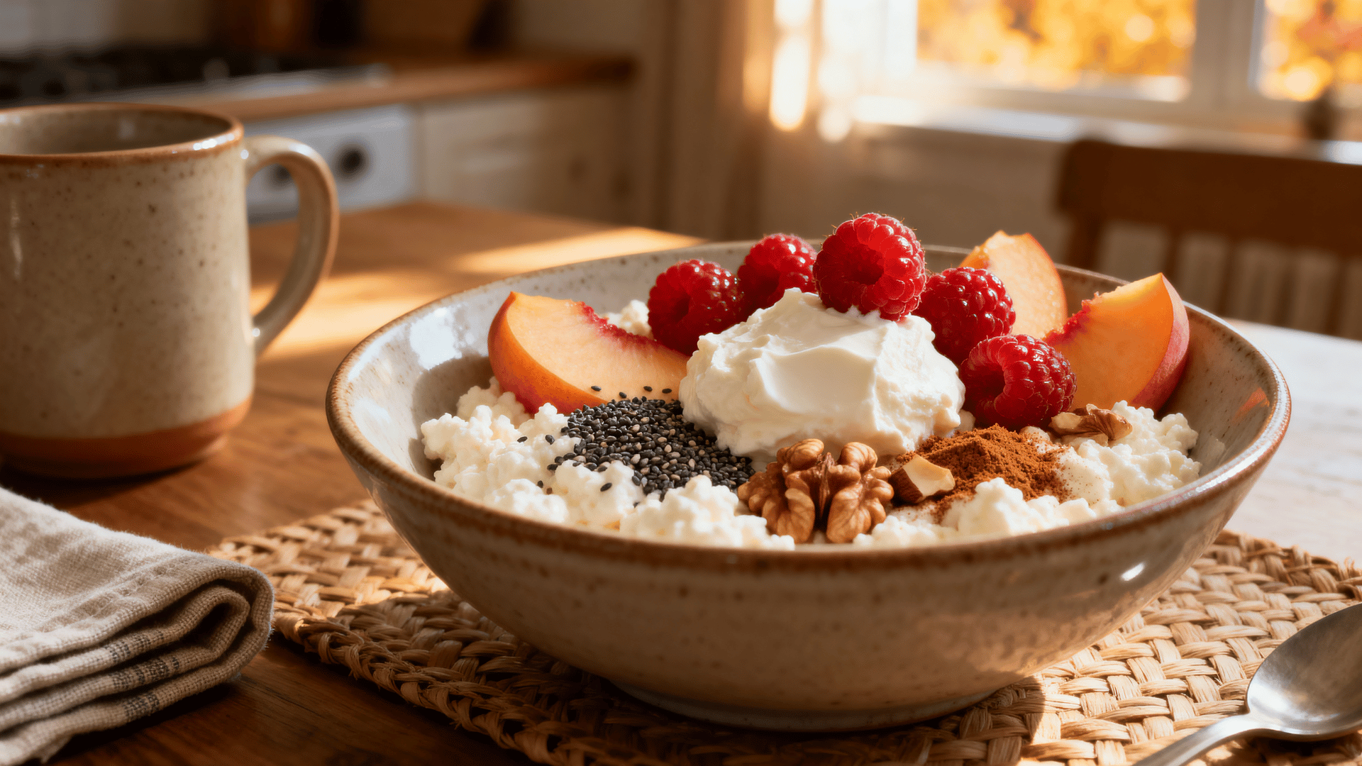 cottage cheese bowl with berries, peaches, chia seeds, nuts, and cinnamon