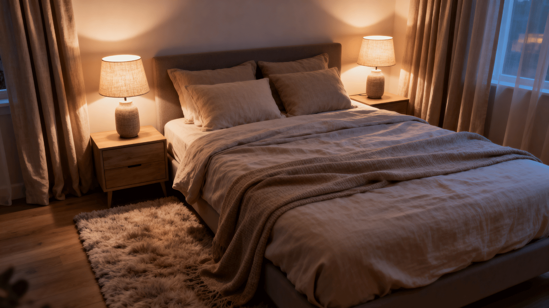 cozy bedroom with warm lighting rug, curtains and bedding
